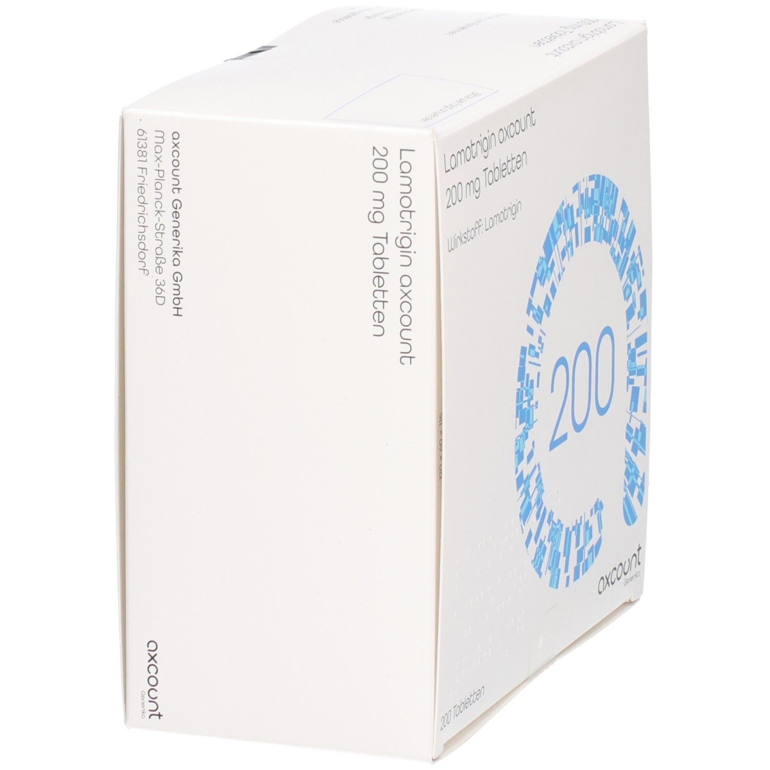 Weiße Tablettenbox, schräg. Aufschrift: Lamotrigin axcount 200 mg Tabletten. Blaues Design mit der Zahl 200. axcount-Logo. Adressinformationen.
