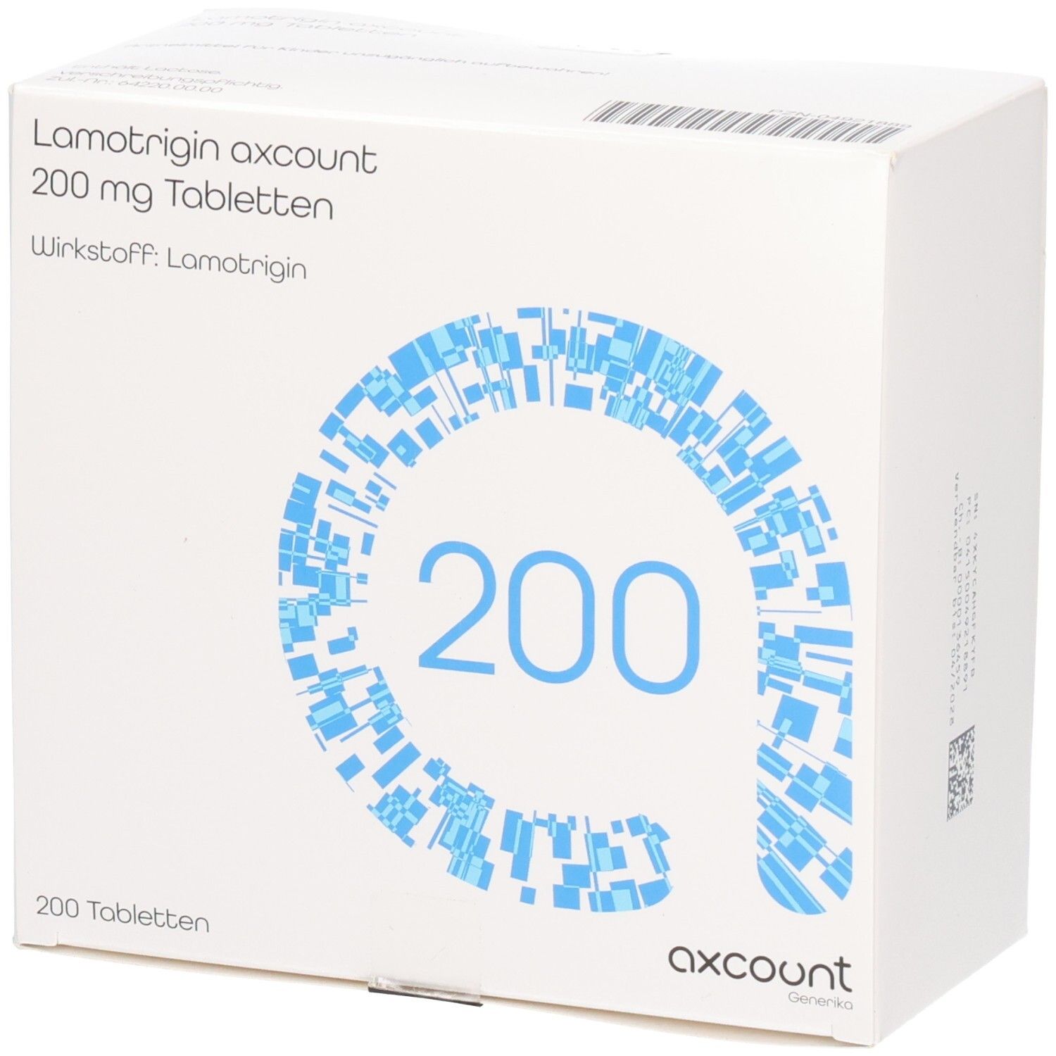 Weiße Tablettenbox. Aufschrift: Lamotrigin axcount 200 mg Tabletten. Wirkstoff: Lamotrigin. Blaues Design mit der Zahl 200. 200 Tabletten.