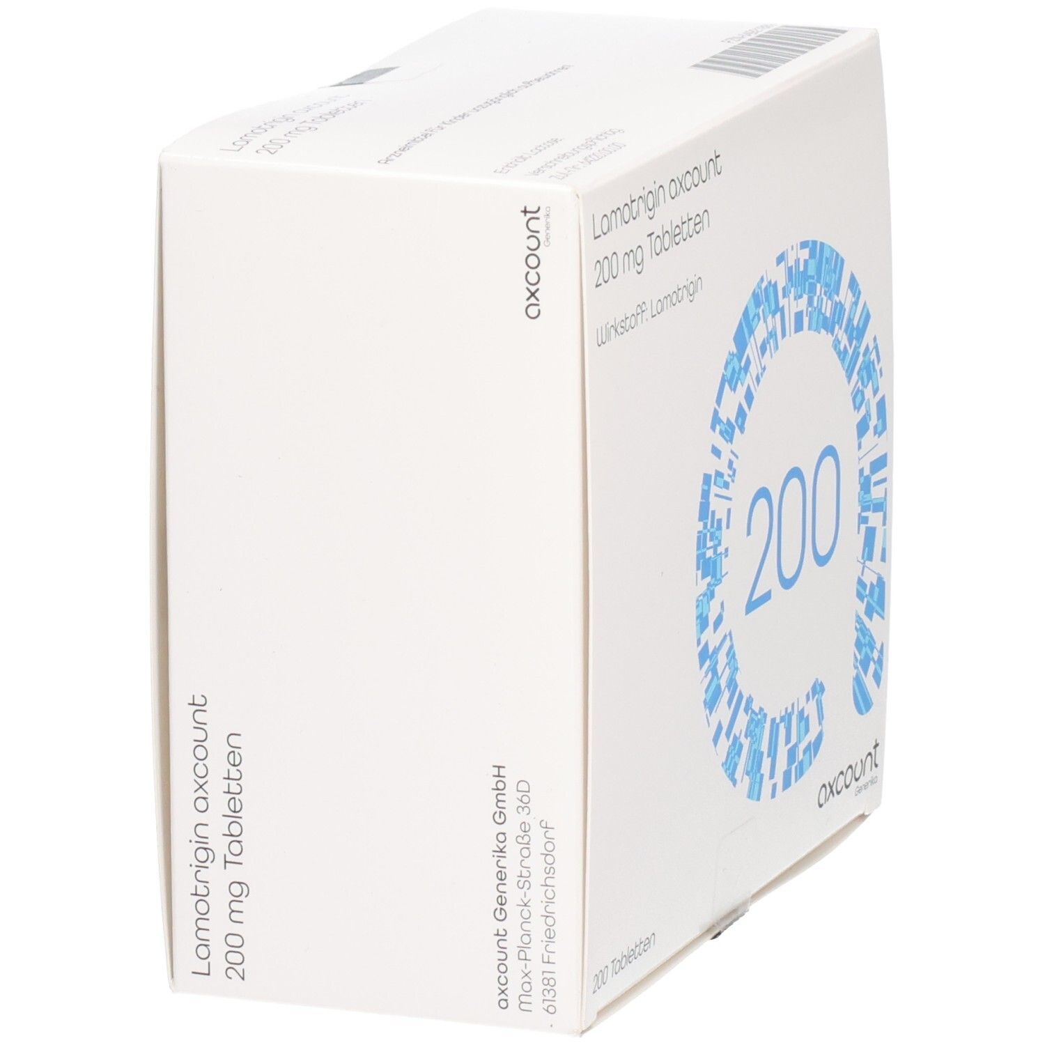 Weiße Tablettenbox, schräg. Aufschrift: Lamotrigin axcount 200 mg Tabletten. Blaues Design mit der Zahl 200. axcount-Logo. Adressinformationen.