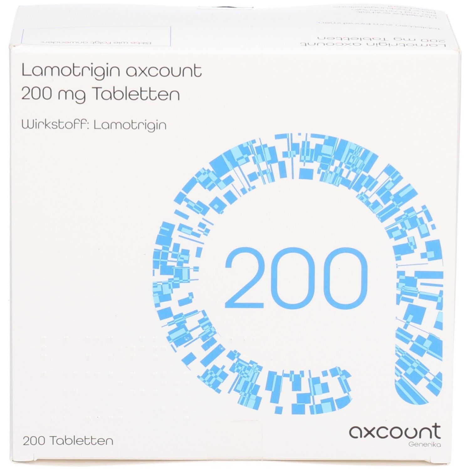Weiße Tablettenbox. Aufschrift: Lamotrigin axcount 200 mg Tabletten. Wirkstoff: Lamotrigin. Blaues Design mit der Zahl 200. 200 Tabletten.