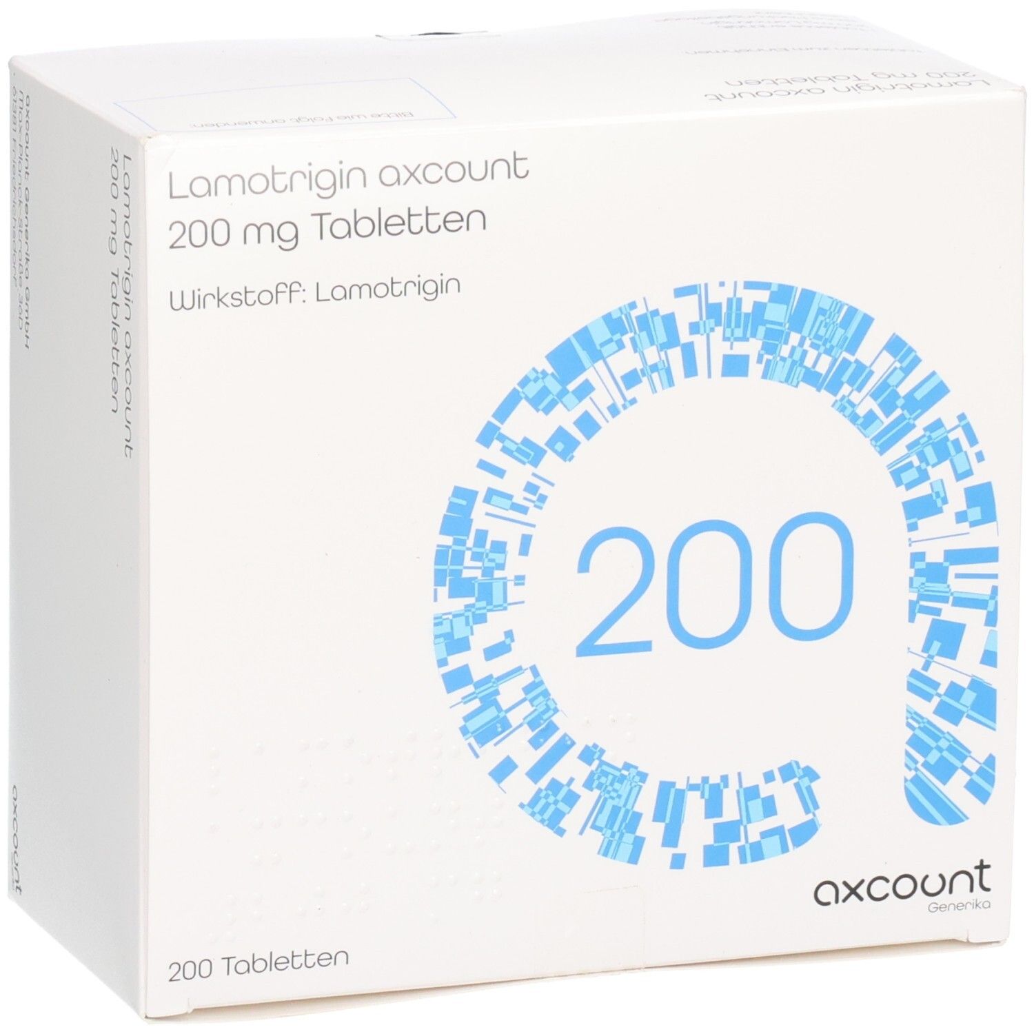 Weiße Tablettenbox. Aufschrift: Lamotrigin axcount 200 mg Tabletten. Wirkstoff: Lamotrigin. Blaues Design mit der Zahl 200. 200 Tabletten.