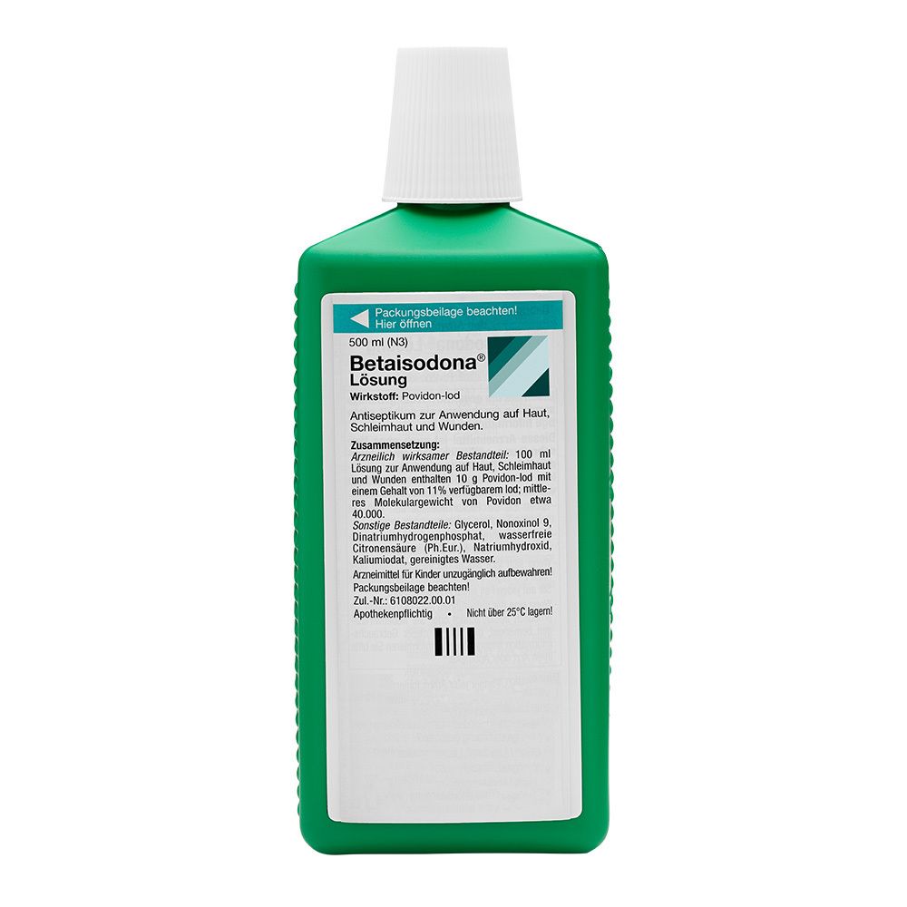 Grüne Flasche mit weißem Verschluss. Etikett mit Produktinformationen: Betaisodona® Lösung. 500 ml.