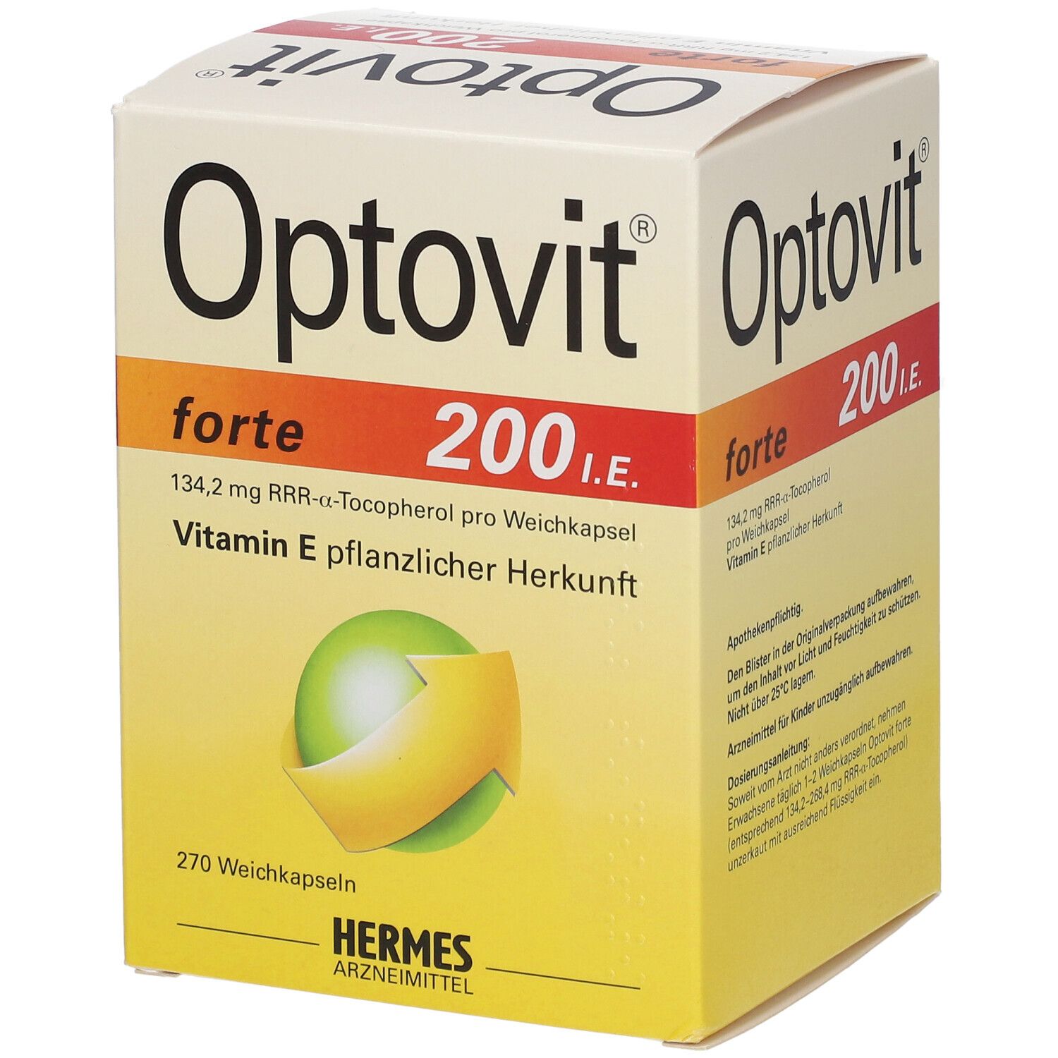 Optovit forte 200 I.E. Packung. Enthält 270 Weichkapseln. Aufdruck: Vitamin E pflanzlicher Herkunft.