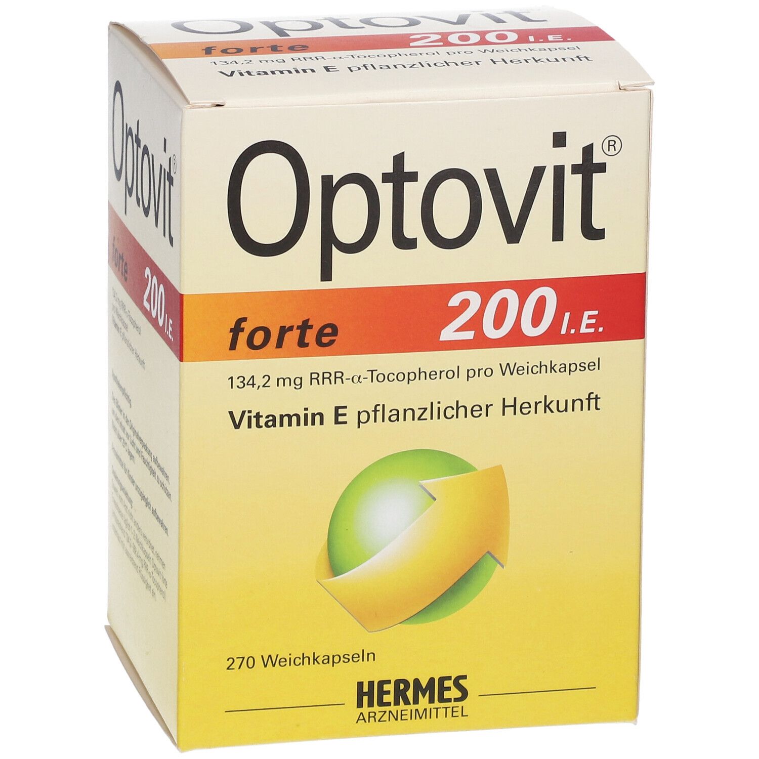 Optovit forte 200 I.E. Packung. Enthält 270 Weichkapseln. Aufdruck: Vitamin E pflanzlicher Herkunft.