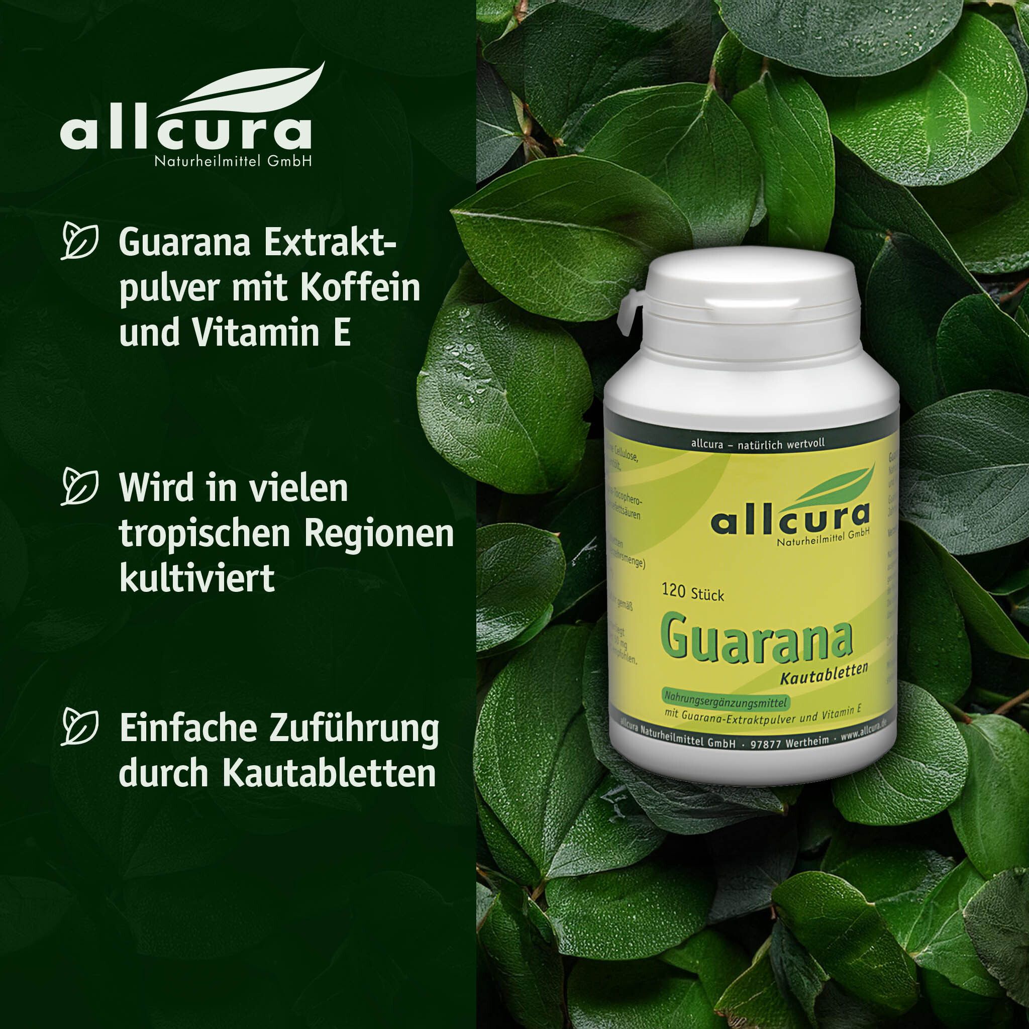 Flasche mit grünem Etikett vor Blättern. Text: Guarana Extraktpulver mit Koffein und Vitamin E.
