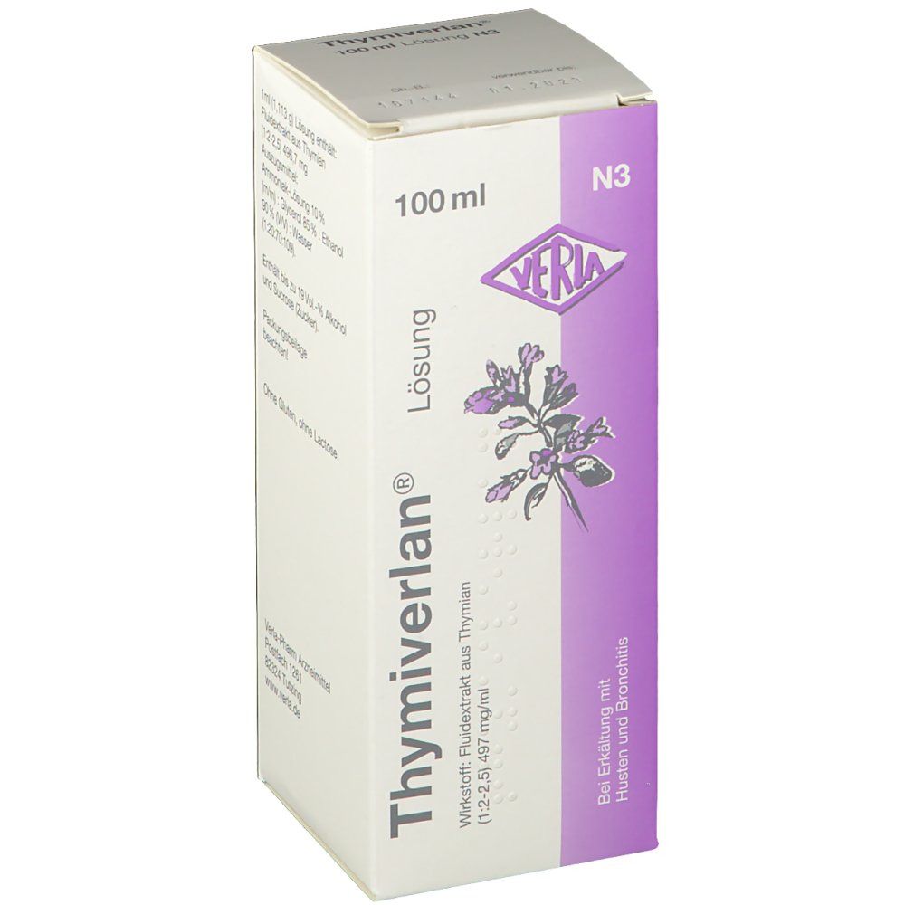 Verpackung von Thymiverlan Lösung. Aufschrift: 100 ml, N3. Marke: Verla. Mit Illustration von Thymian.