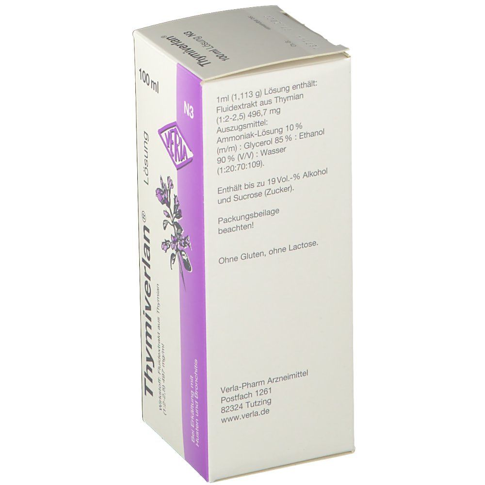 Verpackung von Thymiverlan Lösung. Aufschrift: 100 ml, N3. Marke: Verla. Mit Inhaltsangaben.