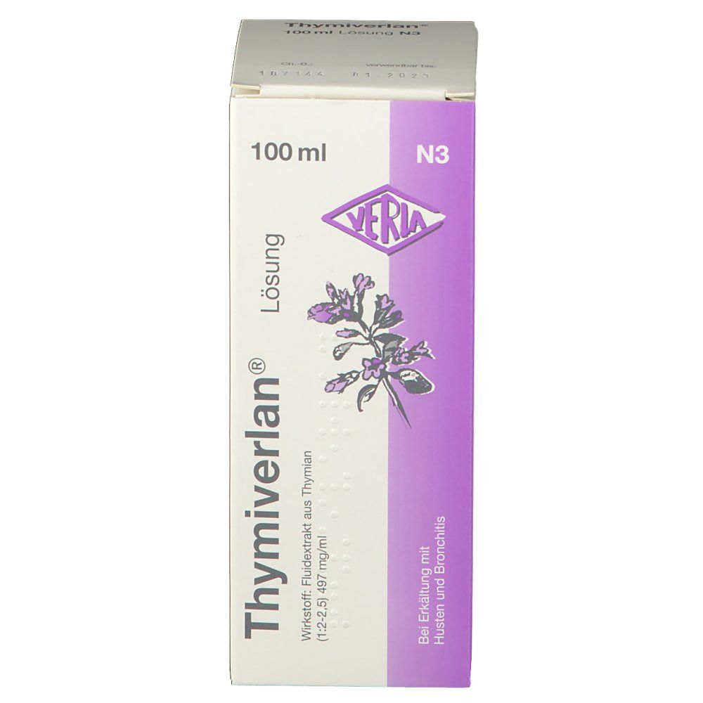 Verpackung von Thymiverlan Lösung. Aufschrift: 100 ml, N3. Marke: Verla. Mit Illustration von Thymian.
