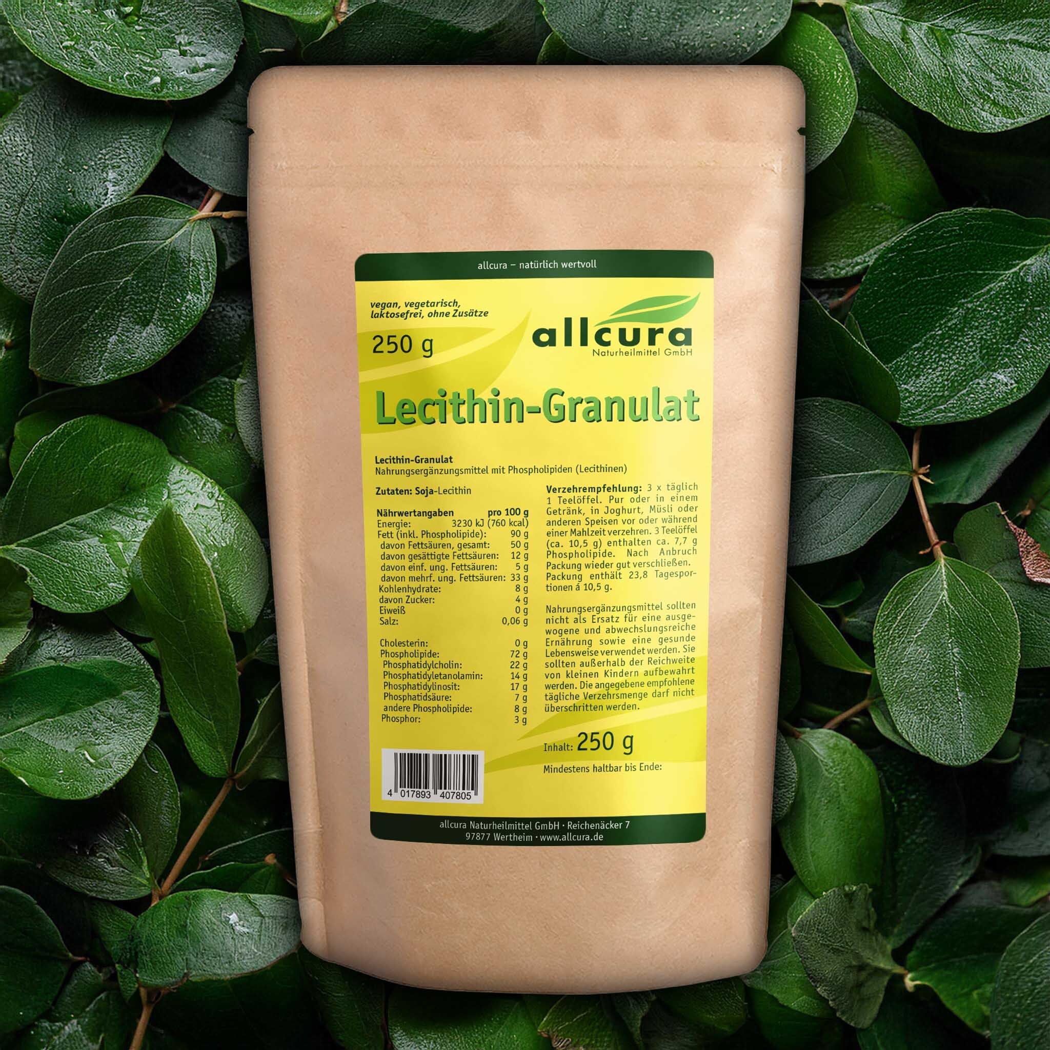 Beutel mit allcura Lecithin-Granulat, umgeben von Blättern. Braune Verpackung mit grünem Etikett. Enthält 250g.
