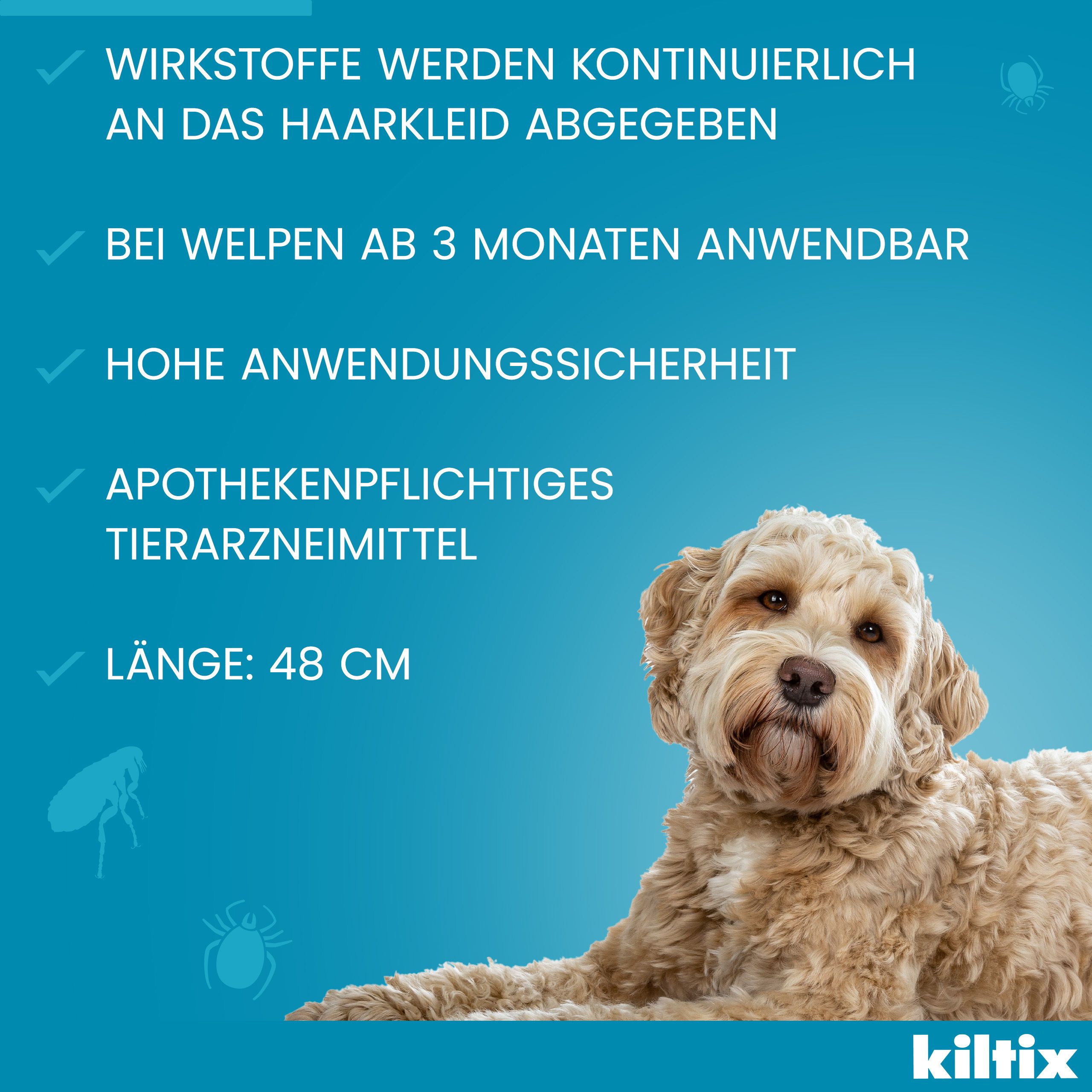 Blauer Hintergrund mit Hund und Text. Text: kiltix, Wirkstoffe werden kontinuierlich abgegeben, Länge: 48 cm.