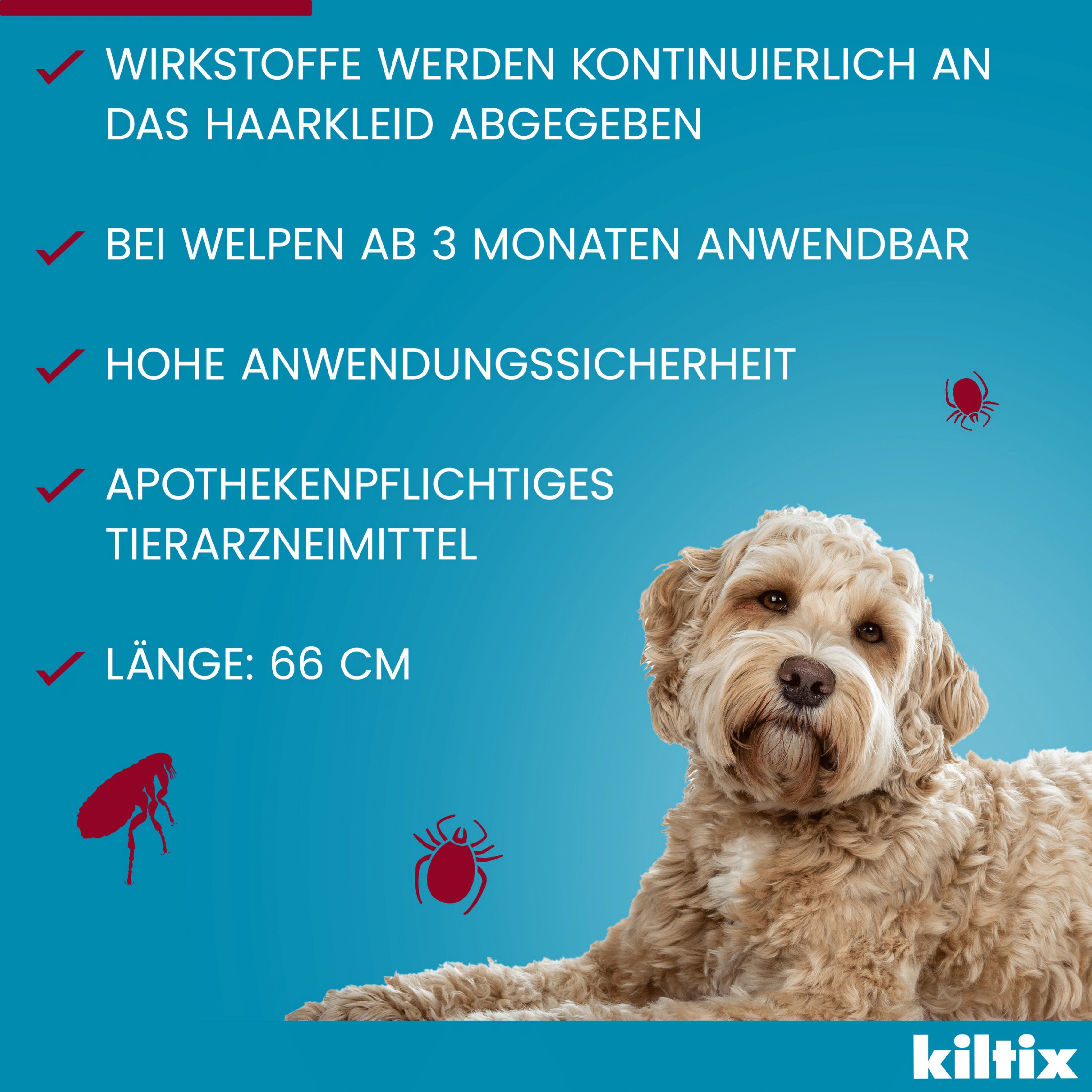 Blauer Hintergrund. Text: Wirkstoffe werden kontinuierlich an das Haarkleid abgegeben. Länge: 66 cm. Hund.