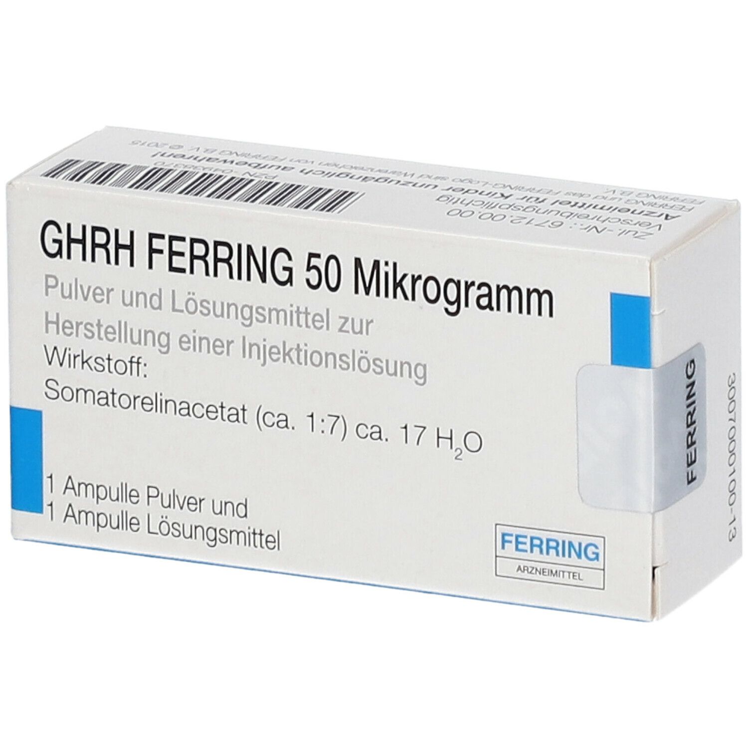 Karton mit Aufschrift GHRH FERRING 50 Mikrogramm. Enthält Pulver und Lösungsmittel zur Herstellung einer Injektionslösung.
