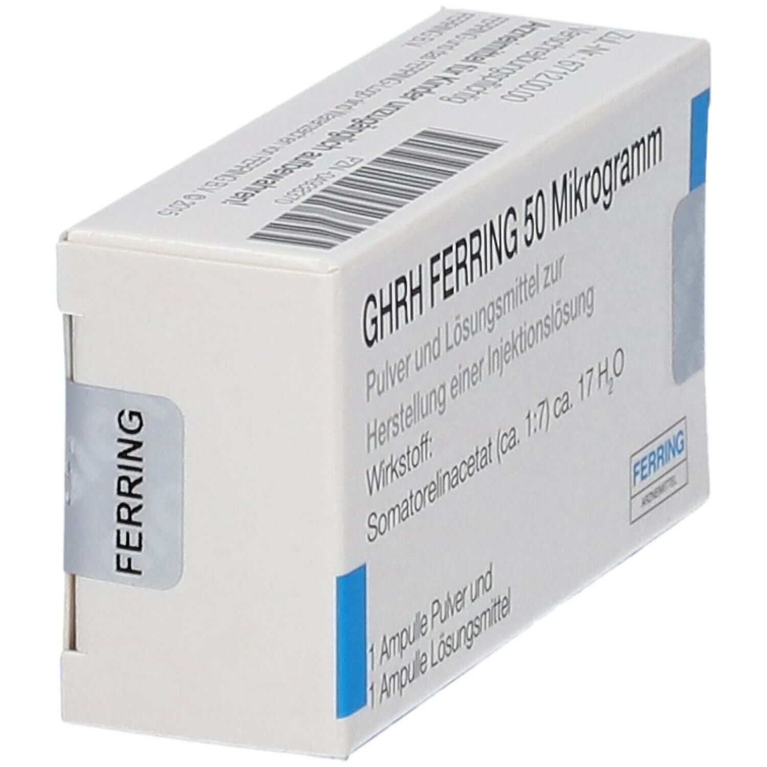 Schräg gestellte Verpackung mit Aufschrift GHRH FERRING 50 Mikrogramm. Enthält Pulver und Lösungsmittel zur Injektionslösung.