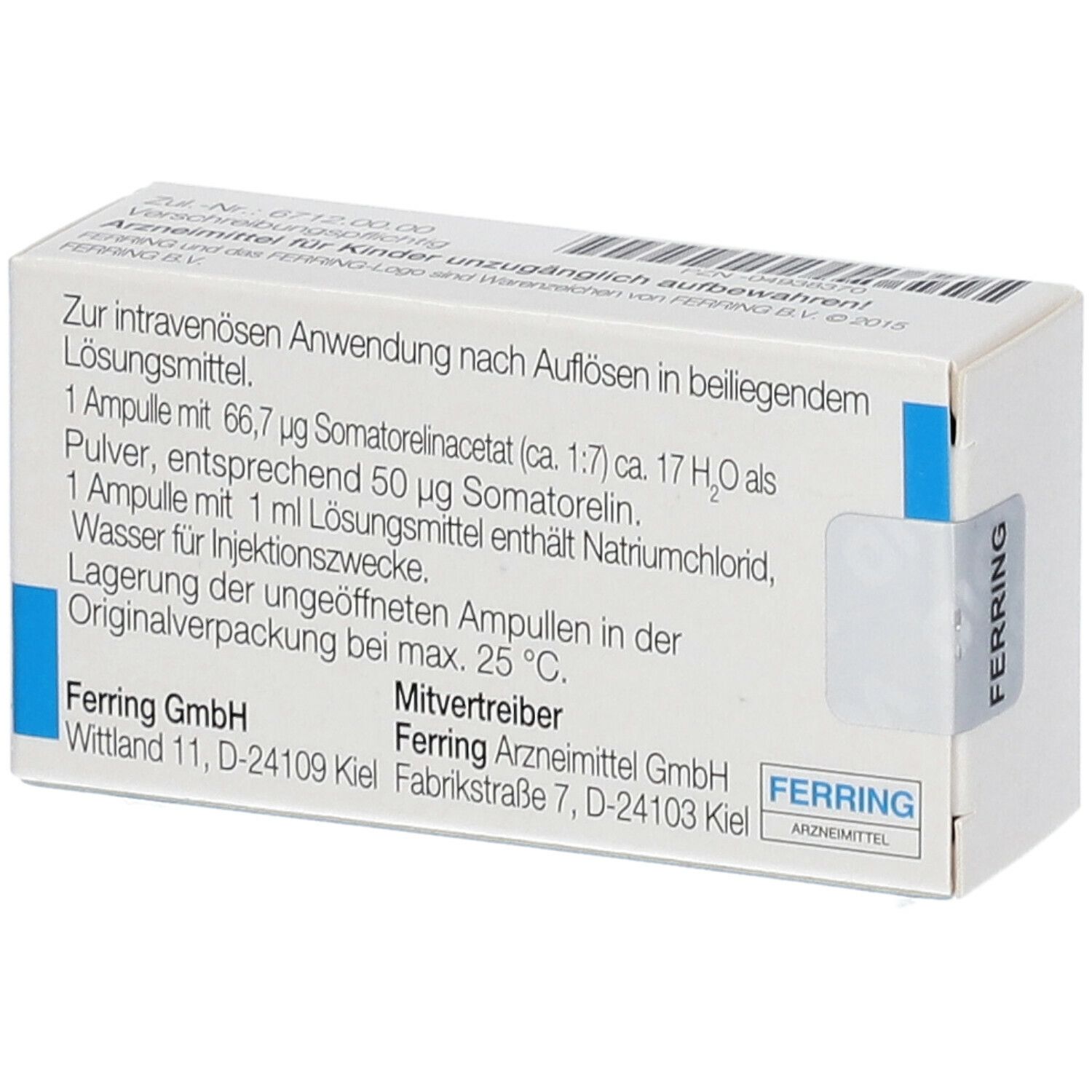 Rückseite der Verpackung mit Informationen zu GHRH FERRING. Enthält Angaben zur Anwendung, Inhaltsstoffen und Hersteller.