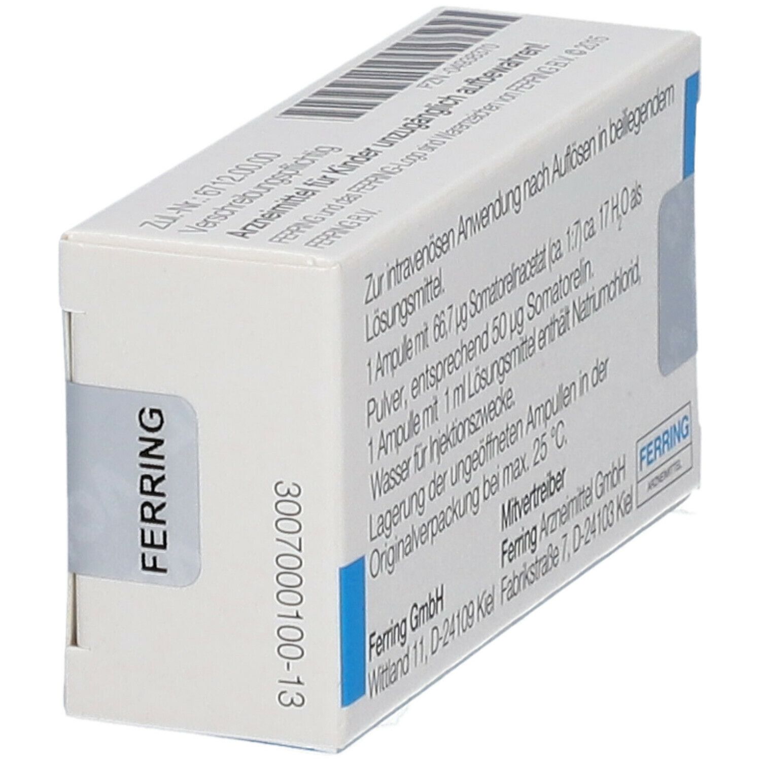 Schräg gestellte Verpackung, Rückseite mit Informationen zu GHRH FERRING. Angaben zur Anwendung, Inhaltsstoffen und Hersteller.