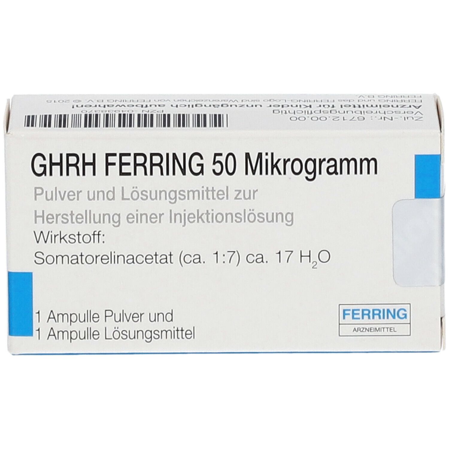 Karton mit Aufschrift GHRH FERRING 50 Mikrogramm. Enthält Pulver und Lösungsmittel zur Herstellung einer Injektionslösung.