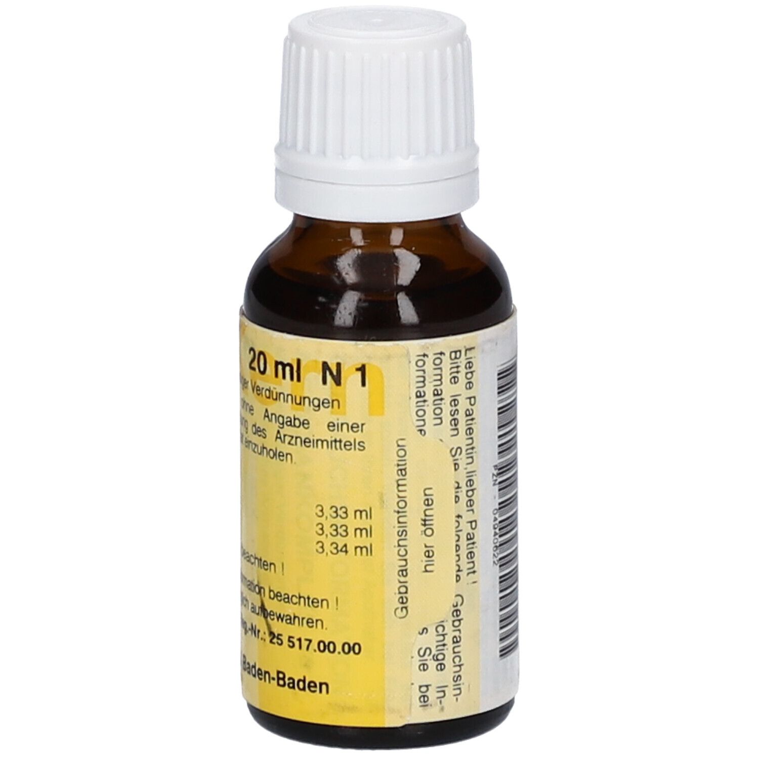 Braune Glasflasche mit weißem Deckel. Etikett mit Produktinformationen. 20 ml N 1, homöopathisches Arzneimittel.