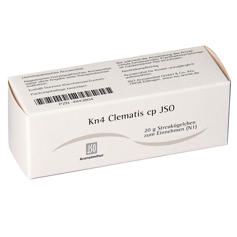 Kn4 Clematis cp JSO-Verpackung. Weiße Schachtel mit Produktinformationen und Barcode. JSO-Logo.