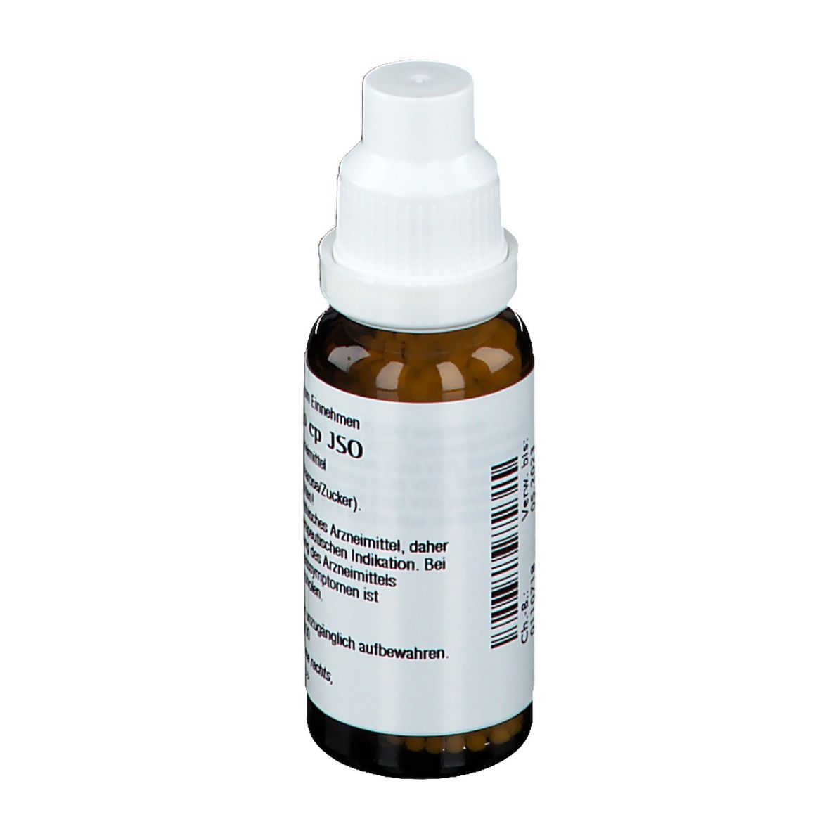 Braune Glasflasche mit weißem Deckel. Etikett mit Barcode und Produktinformationen. St6 Solidago cp JSO Globuli.