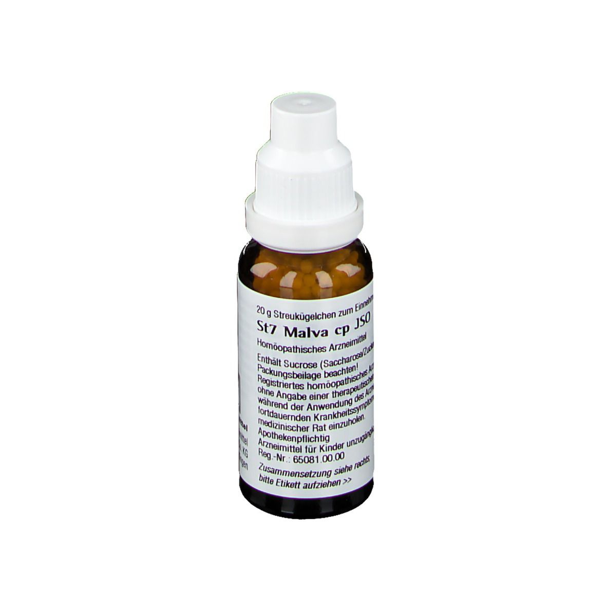 Braune Glasflasche mit weißem Deckel. Etikett mit Produktinformationen. Aufschrift: St7 Malva cp JSO.