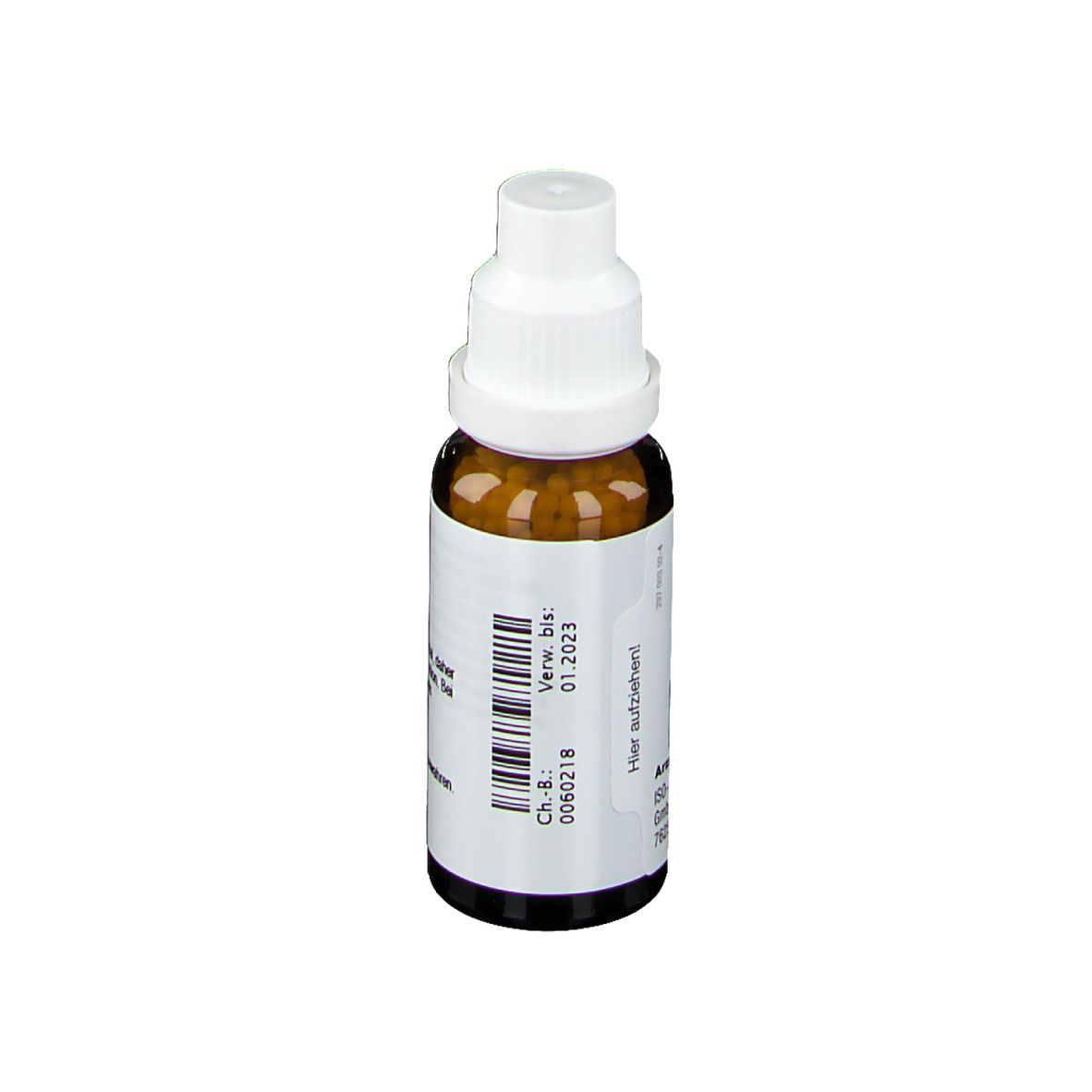 Braune Glasflasche mit weißem Deckel. Etikett mit Produktinformationen. Aufschrift: St7 Malva cp JSO.