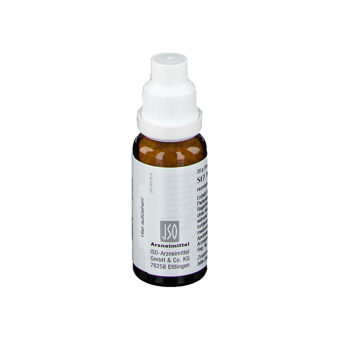 Braune Glasflasche mit weißem Deckel. Etikett mit Produktinformationen. Aufschrift: St7 Malva cp JSO.