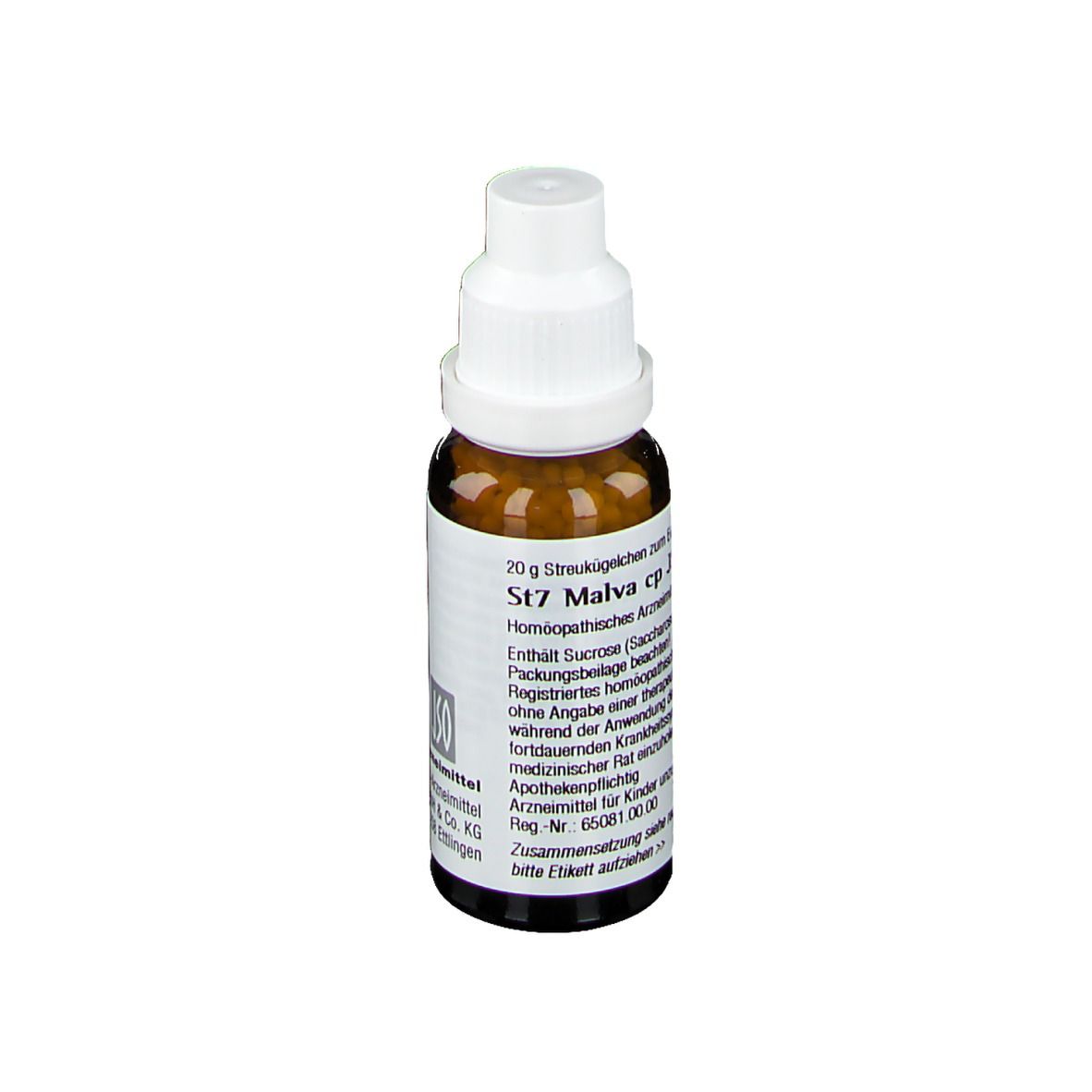 Braune Glasflasche mit weißem Deckel. Etikett mit Produktinformationen. Aufschrift: St7 Malva cp JSO.