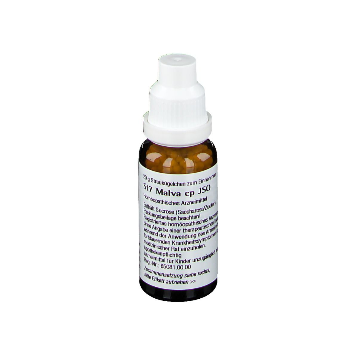 Braune Glasflasche mit weißem Deckel. Etikett mit Produktinformationen. Aufschrift: St7 Malva cp JSO.