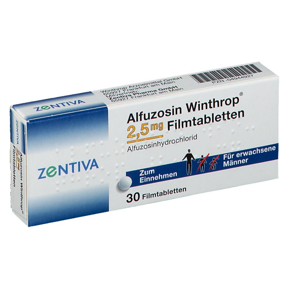 Schachtel Alfuozosin Winthrop 2,5 mg Filmtabletten. Zentiva-Logo. Text: 30 Filmtabletten, Für erwachsene Männer. Ansicht schräg.