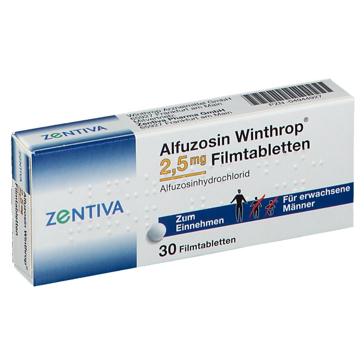 Schachtel Alfuozosin Winthrop 2,5 mg Filmtabletten. Zentiva-Logo. Text: 30 Filmtabletten, Für erwachsene Männer. Ansicht schräg.