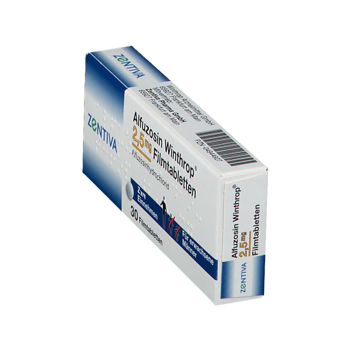Schachtel Alfuozosin Winthrop 2,5 mg Filmtabletten. Zentiva-Logo. Text: 30 Filmtabletten, Für erwachsene Männer. Ansicht schräg.