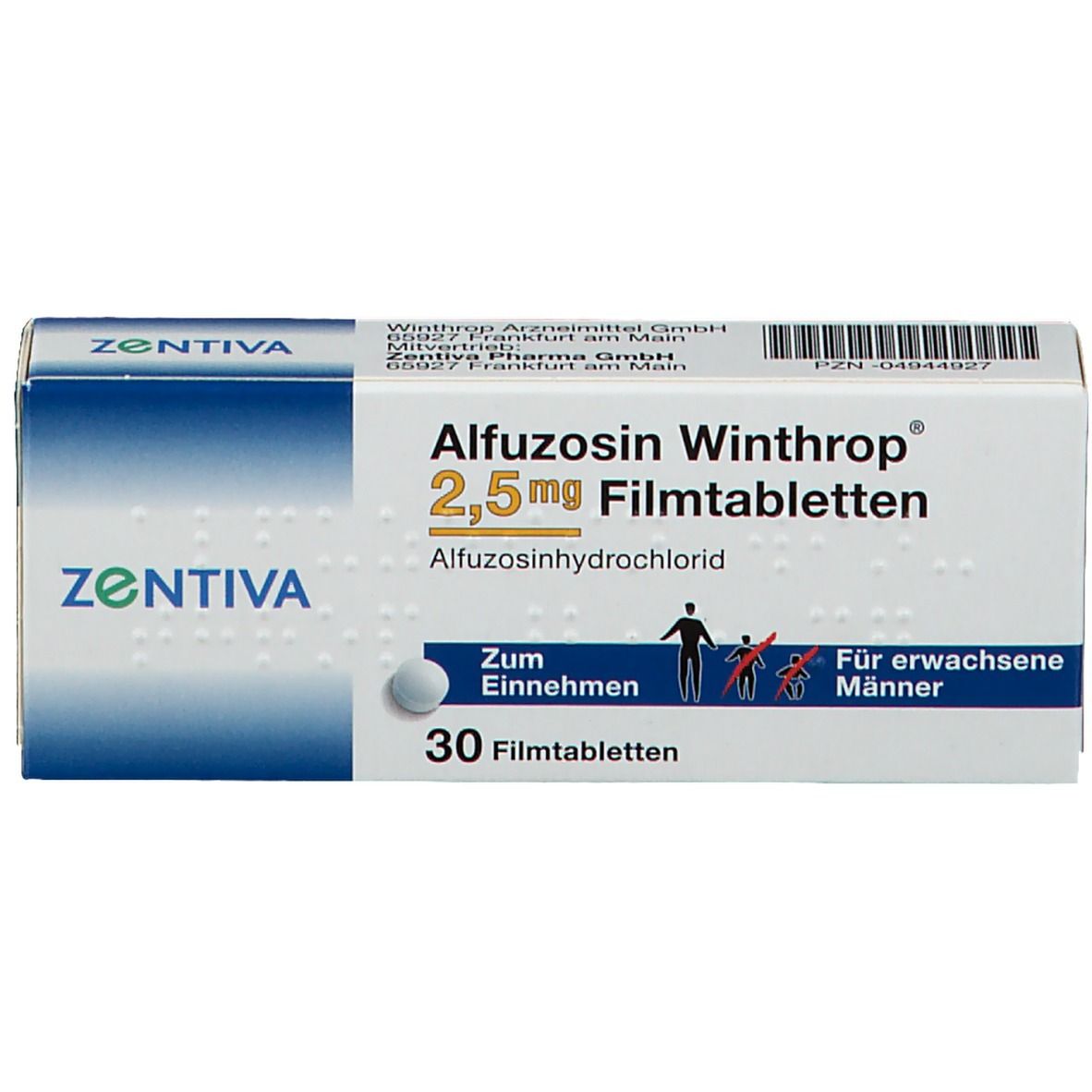 Packung Alfuozosin Winthrop 2,5 mg Filmtabletten. Zentiva-Logo. Text: 30 Filmtabletten, Für erwachsene Männer.