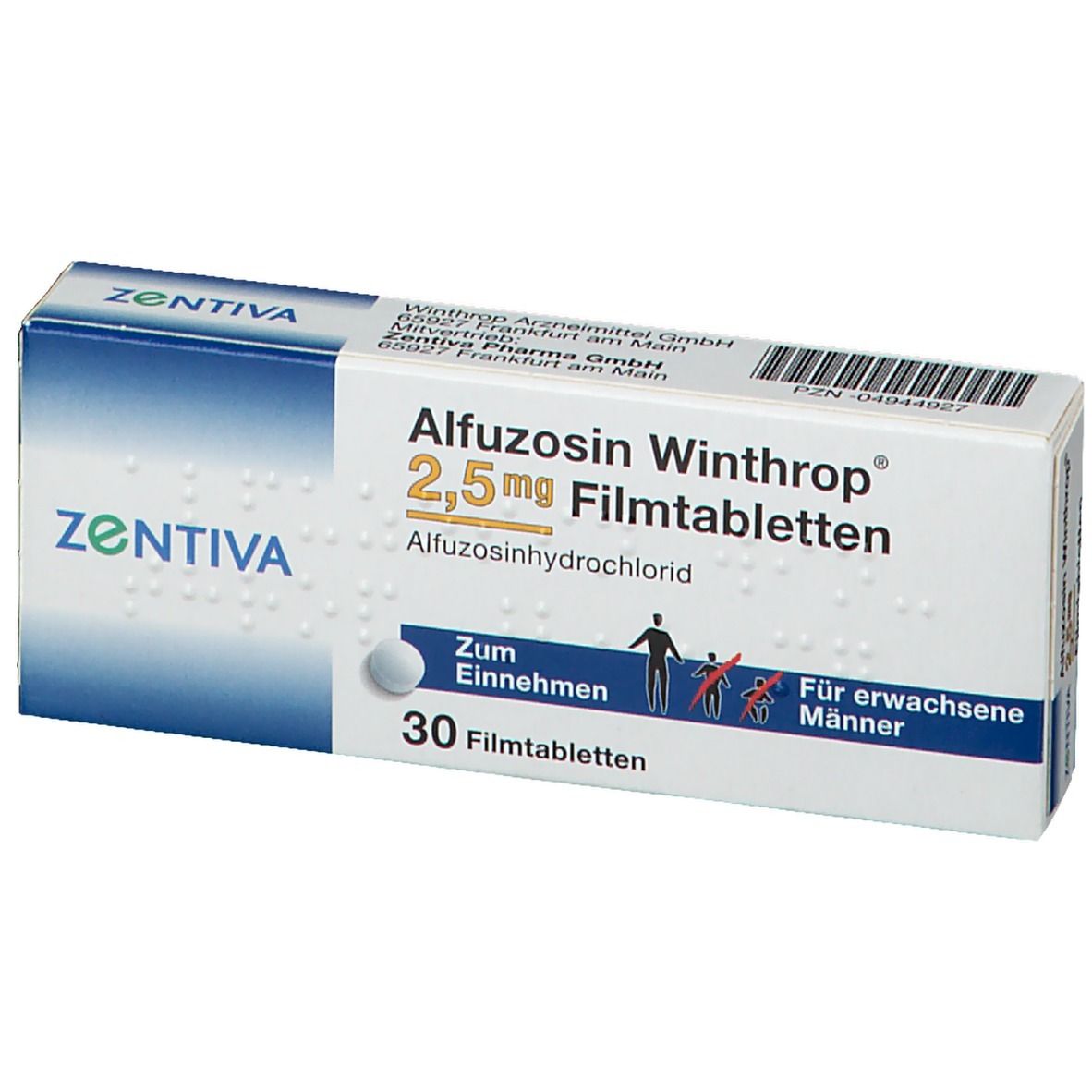 Schachtel Alfuozosin Winthrop 2,5 mg Filmtabletten. Zentiva-Logo. Text: 30 Filmtabletten, Für erwachsene Männer.