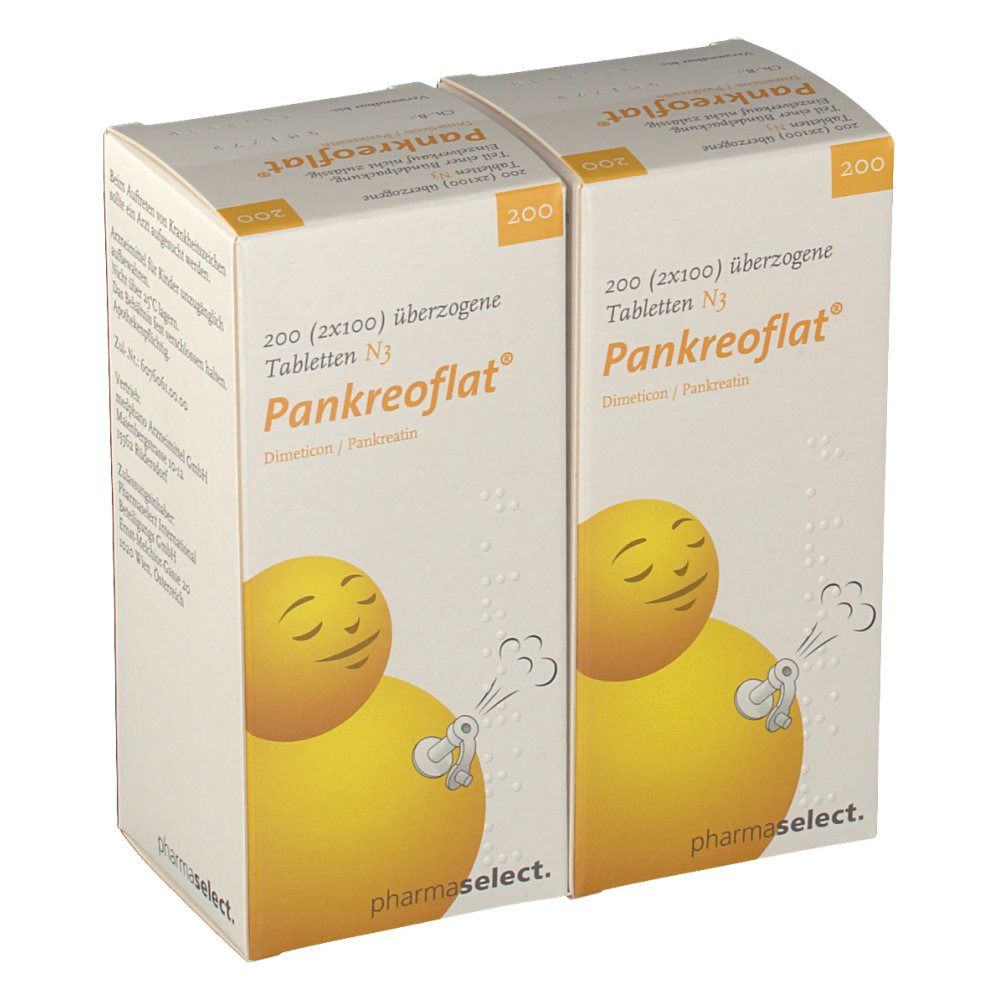 Zwei Schachteln Pankreoflat Tabletten. Aufdruck: 200 Tabletten, pharma select Logo. Gelbe Illustration.