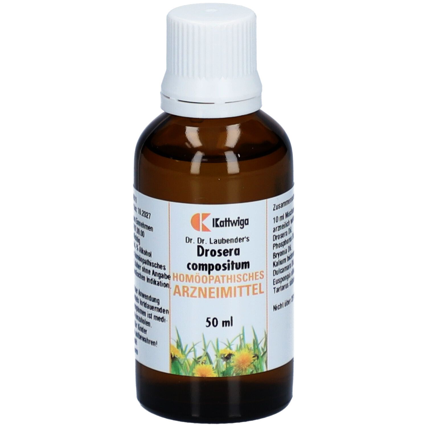 Braune Glasflasche mit weißem Deckel. Etikett mit Produktnamen, Inhaltsangabe und 50 ml. Apothekenprodukt.