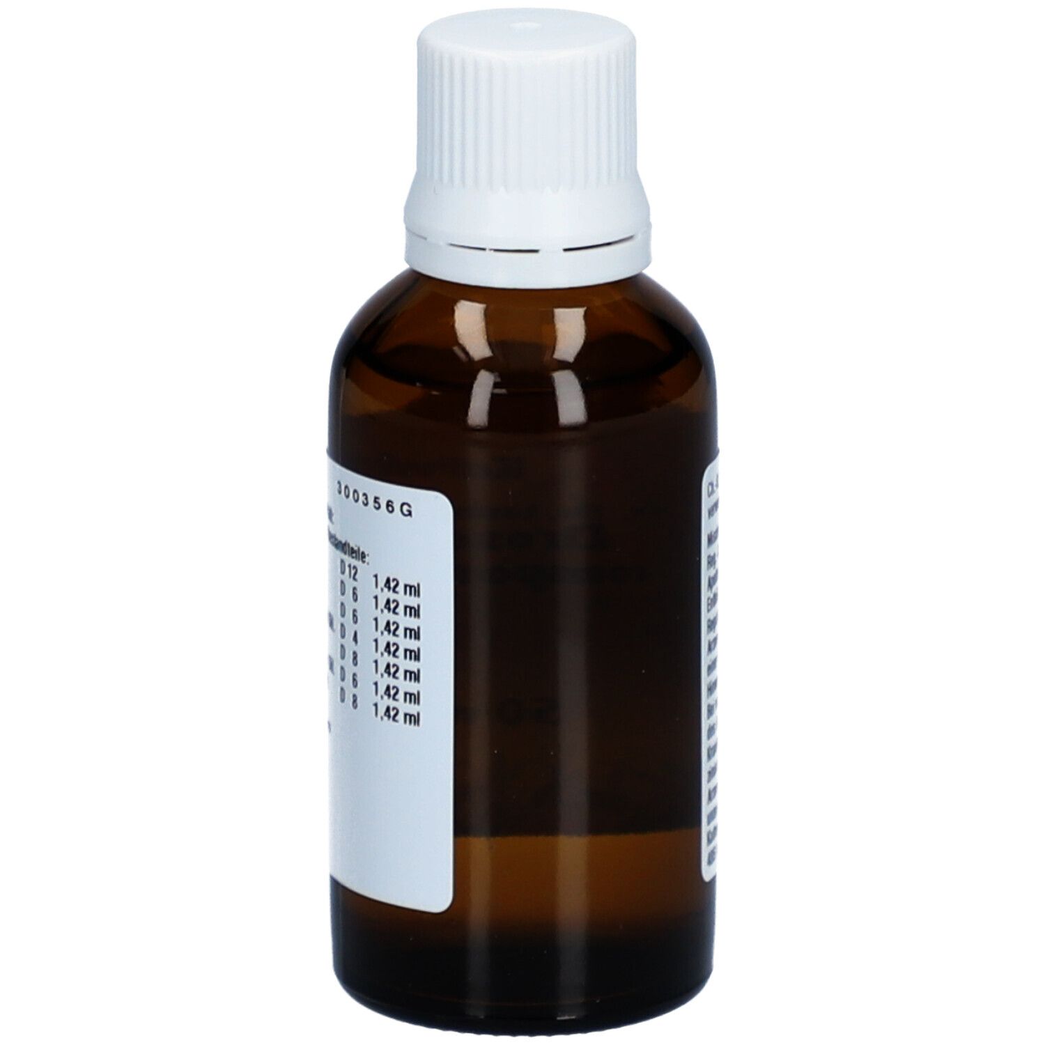 Braune Glasflasche mit weißem Deckel. Etikett mit Inhaltsstoffen und Dosierung. Apothekenprodukt.