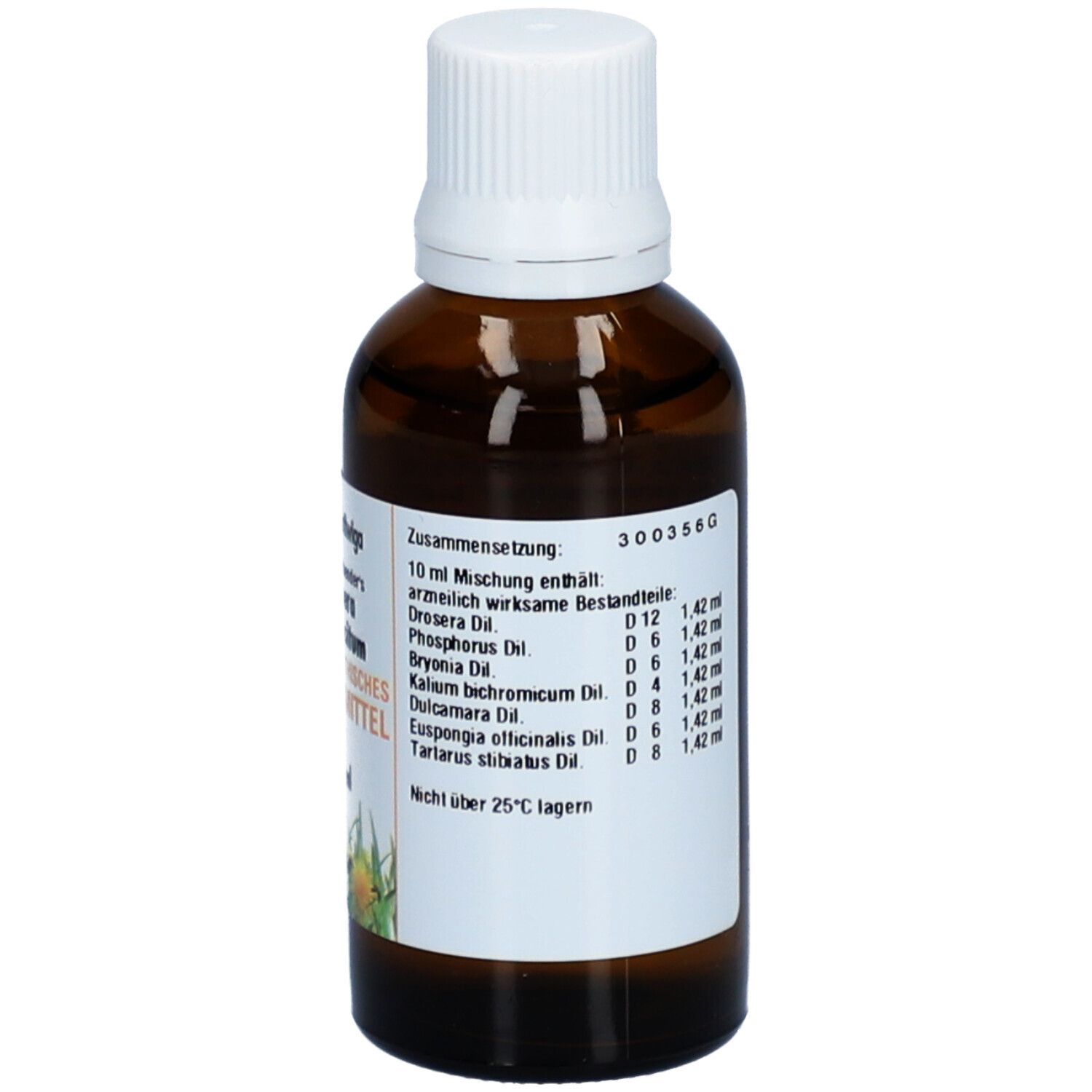 Braune Glasflasche mit weißem Deckel. Etikett mit Inhaltsstoffen und Dosierung. Apothekenprodukt.