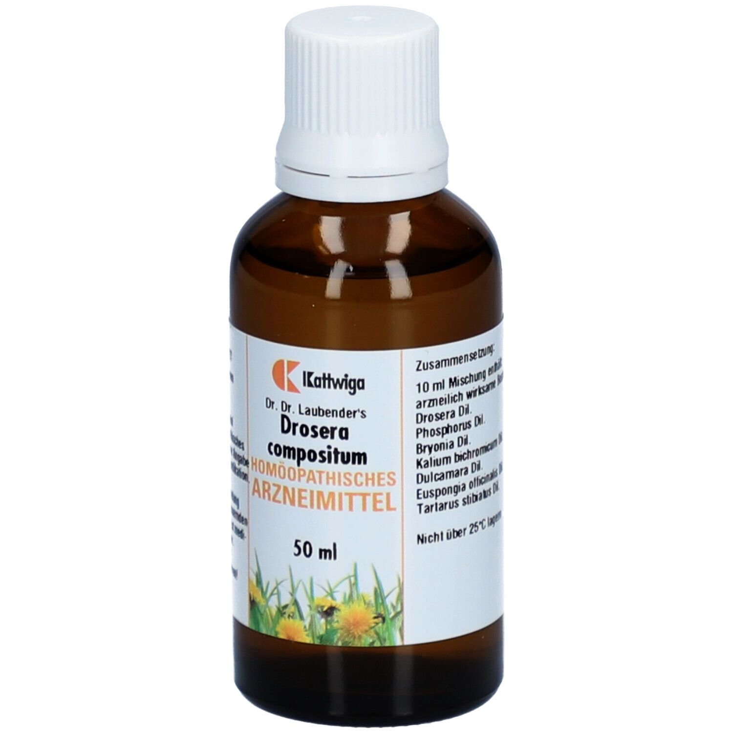 Braune Glasflasche mit weißem Deckel. Etikett mit Produktnamen, Inhaltsangabe und 50 ml. Apothekenprodukt.