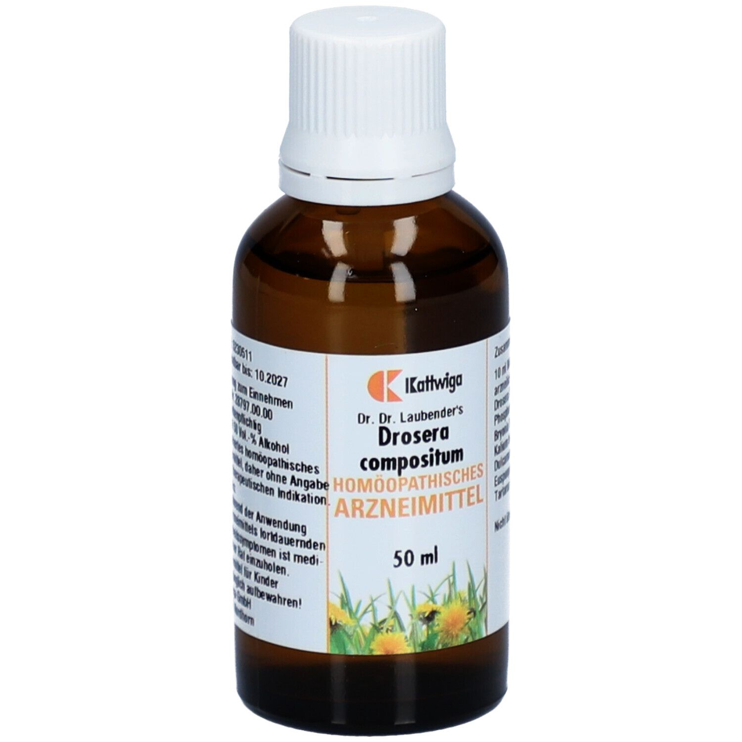 Braune Glasflasche mit weißem Deckel. Etikett mit Produktnamen, Inhaltsangabe und 50 ml. Apothekenprodukt.
