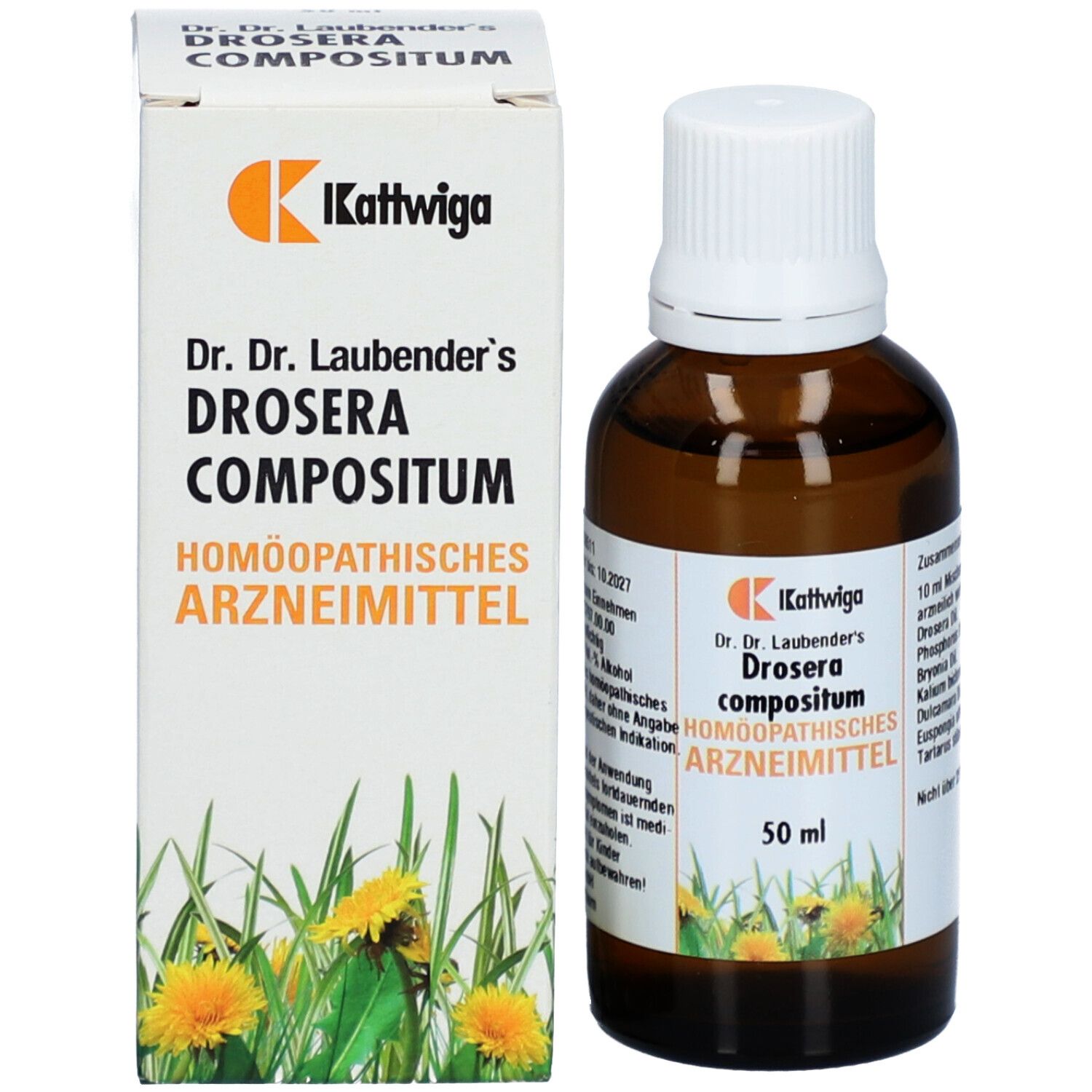 Produktflasche und Schachtel. Schachtel mit Produktnamen und Logo. Flasche mit 50 ml.