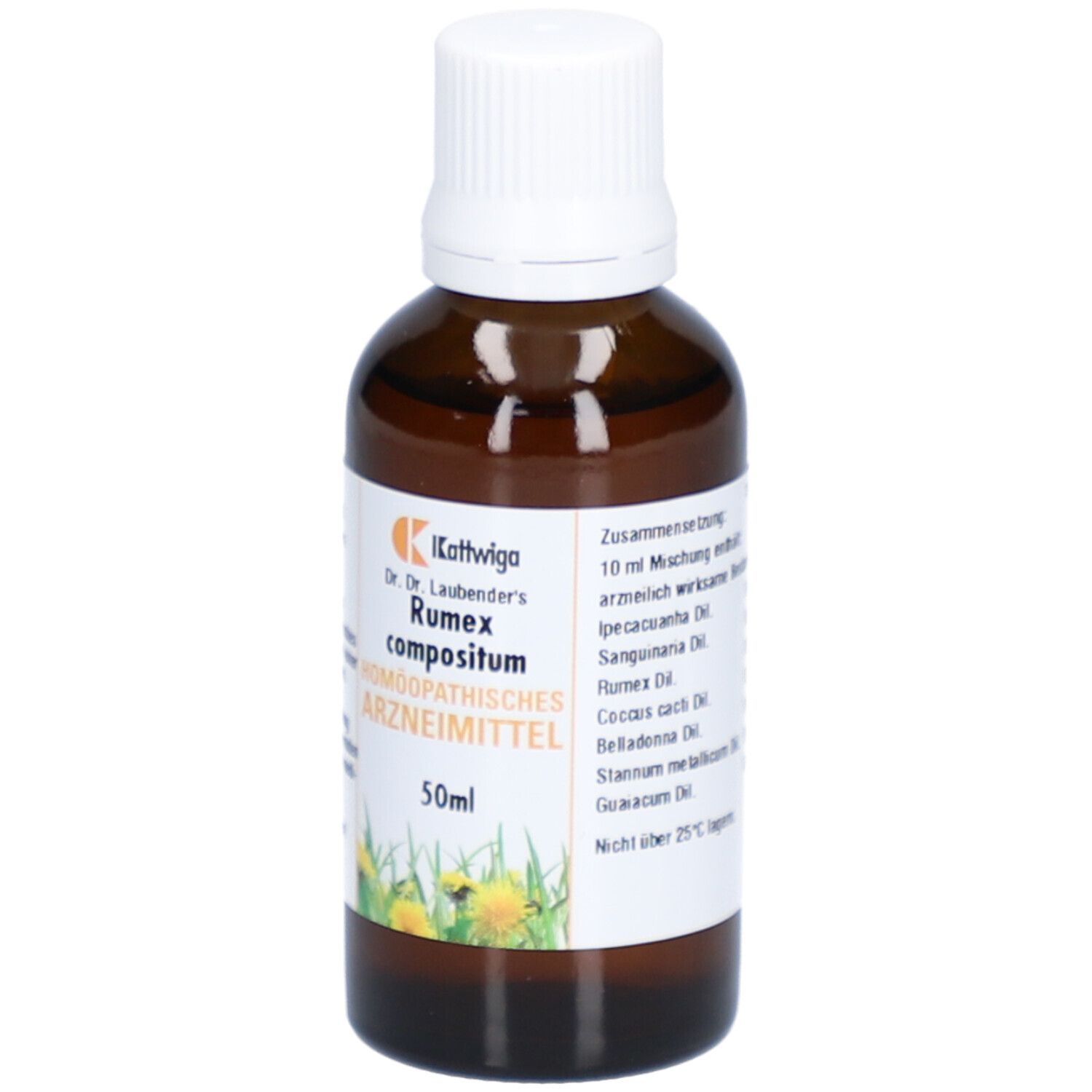 Braune Glasflasche mit weißem Deckel. Etikett mit Produktnamen, Inhaltsstoffen und 50ml Volumen. Gelbe Blumen.