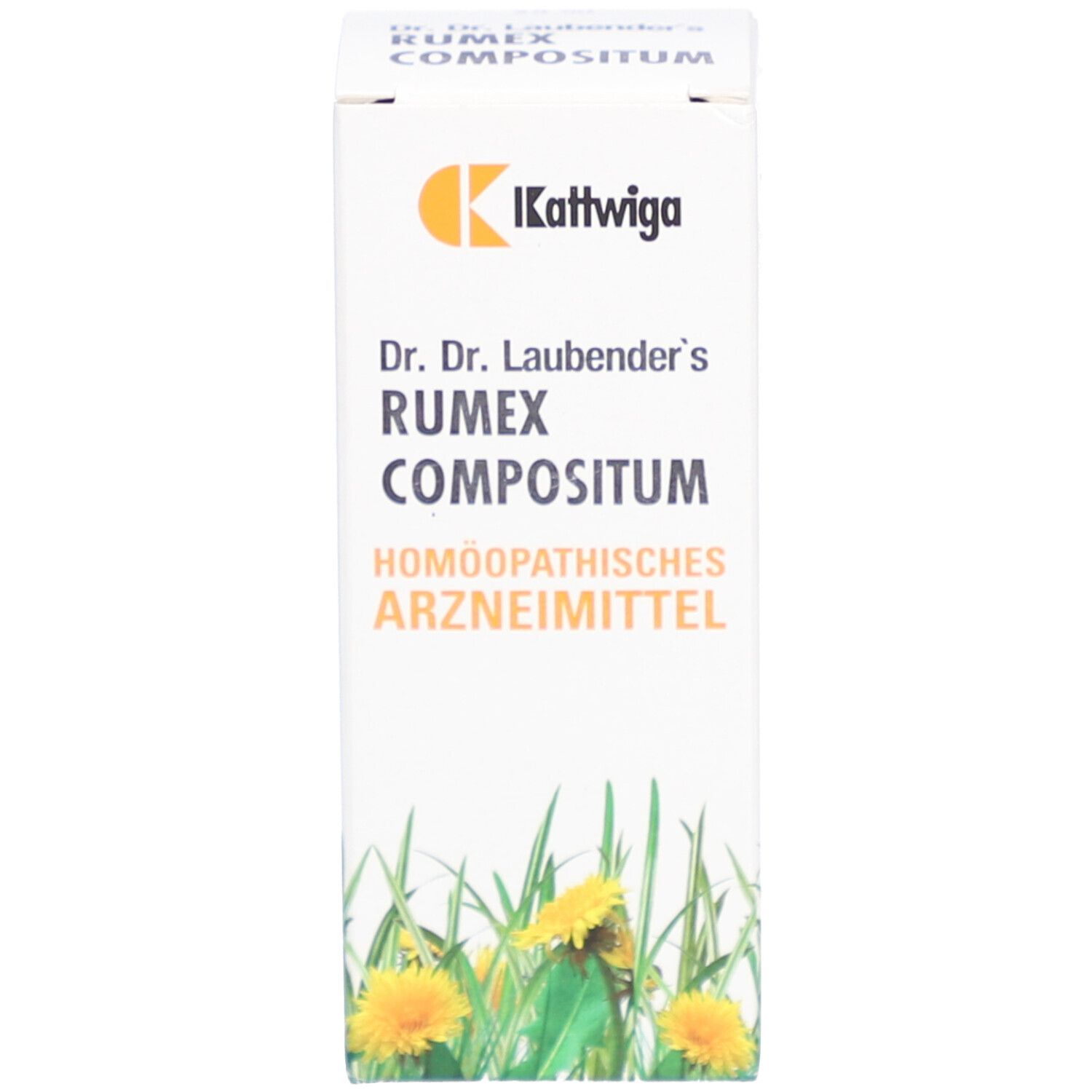 Karton mit Produktnamen und gelben Blumen. Weißer Hintergrund. Text und Logo.