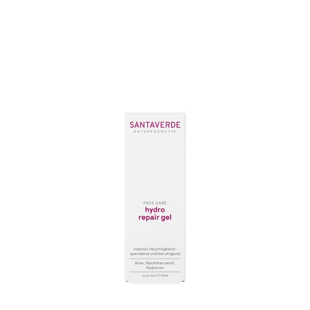 Weiße Verpackung mit SANTAVERDE-Logo und Produktbezeichnung. Aufschrift: FACE CARE hydro repair gel.