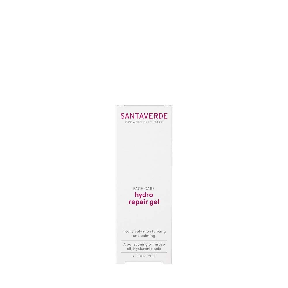 Weiße Verpackung mit SANTAVERDE-Logo und Produktbezeichnung. Aufschrift: FACE CARE hydro repair gel.