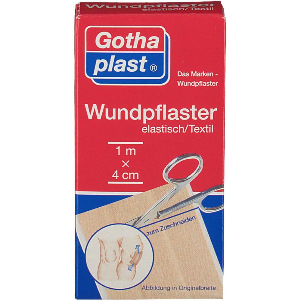 Rote Verpackung mit Produktnamen und Größenangabe. Zeigt Schere und Pflaster. Illustration zur Anwendung.