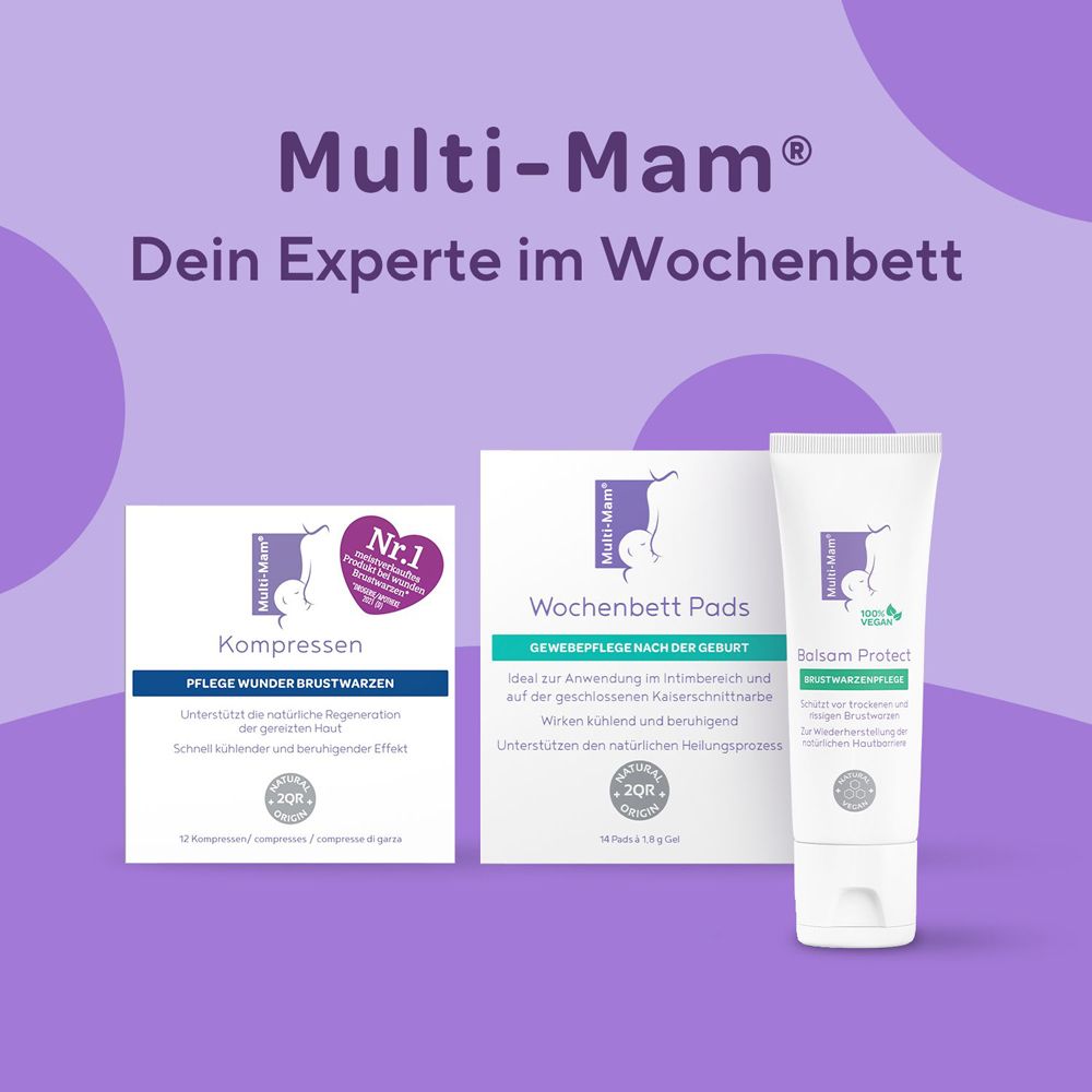 Multi-Mam Produkte: Kompressen, Wochenbett Pads und Balsam Protect für die Mutterschaft.
