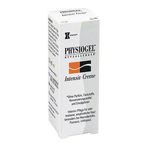 Weiße Faltschachtel mit Produktnamen PHYSIOGEL Intensiv Creme. Logo und Text in Schwarz und Orange. Text in deutscher Sprache.