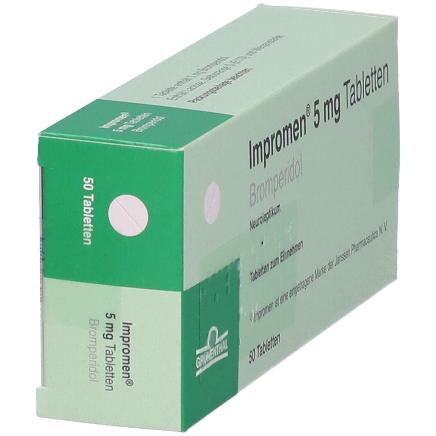 Schachtel IMPROMEN 5 mg Tabletten. Grün-weiß. Aufschrift: Bromperidol, 50 Tabletten. Grunenthal Logo. Schräge Ansicht.