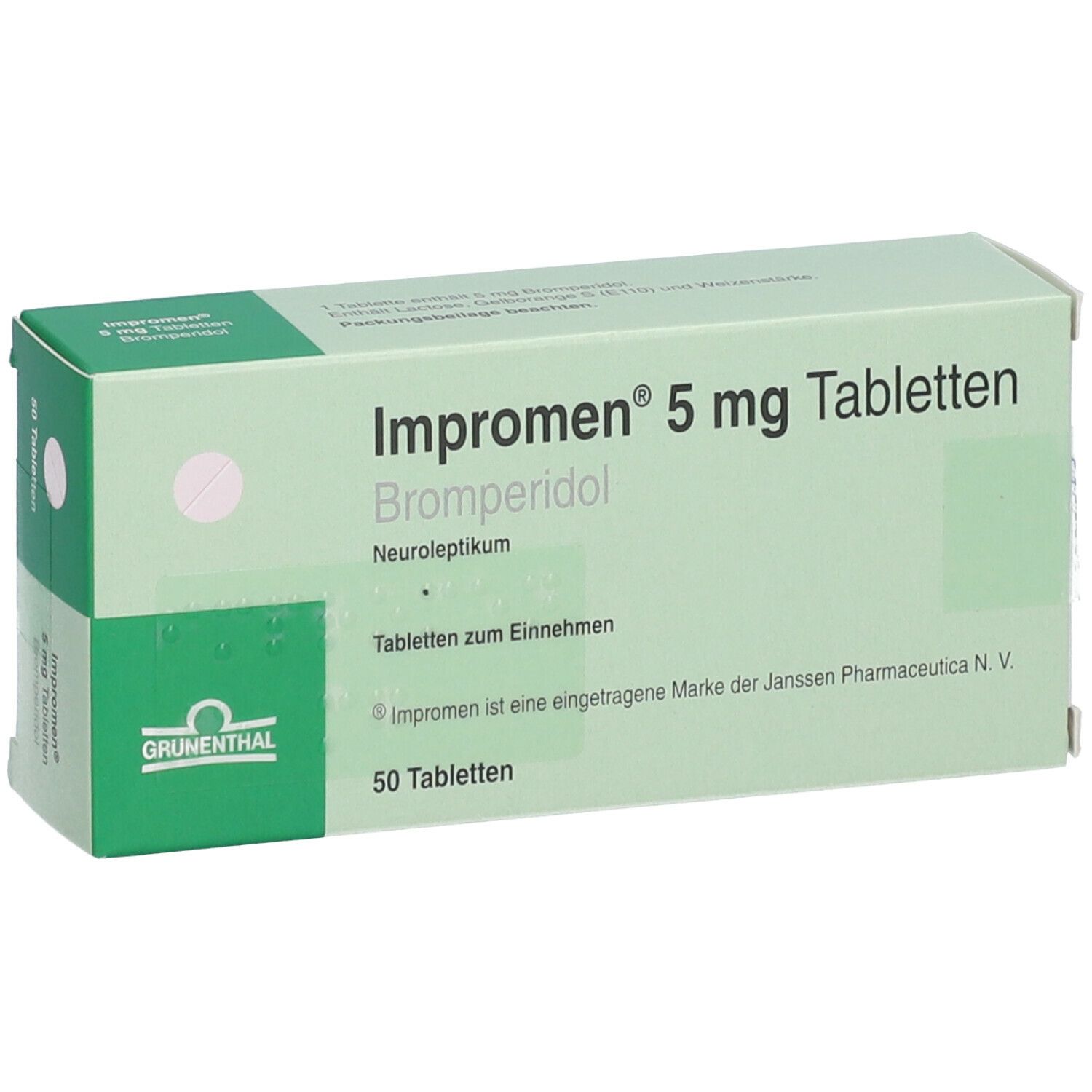 Schachtel IMPROMEN 5 mg Tabletten. Grün-weiß. Aufschrift: Bromperidol, 50 Tabletten. Grunenthal Logo.