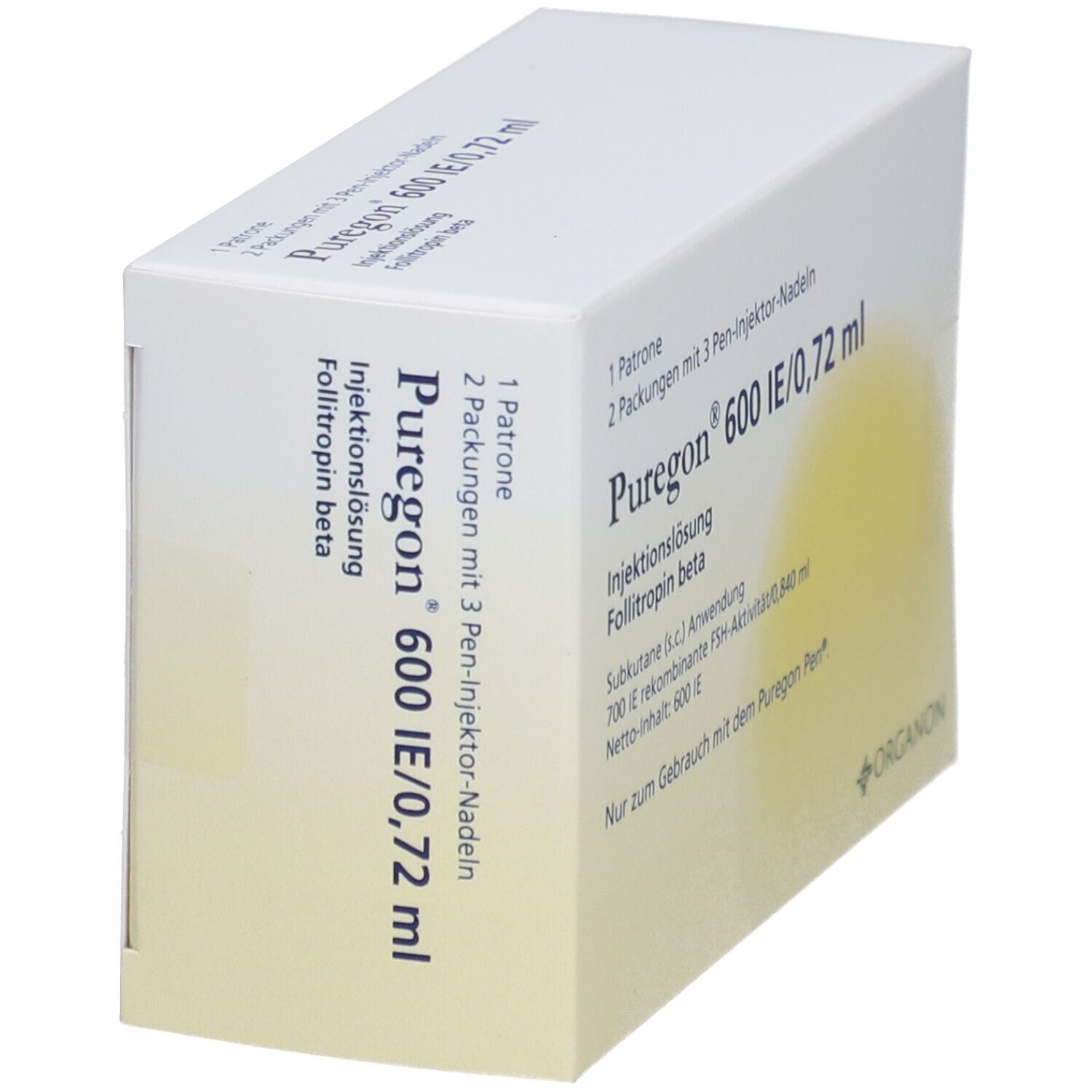 Schräg gestellte, weiße Produktverpackung. Aufschrift PUREGON 600 IE/0,72 ml. Logo: Organon. Enthält 1 Patrone, 2 Packungen mit 3 Pen-Injektor-Nadeln.